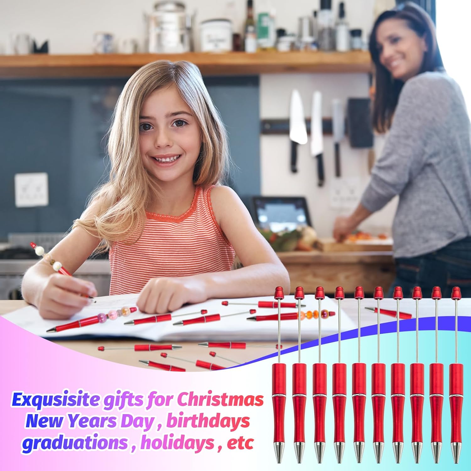 300 Pieces DIY Beadable Pens Kit - 100 plastic Beadable Pens Bulk, Refills & pen bags Included - Beaded Pens Black Ink Ballpoint Cute Pens（Red）