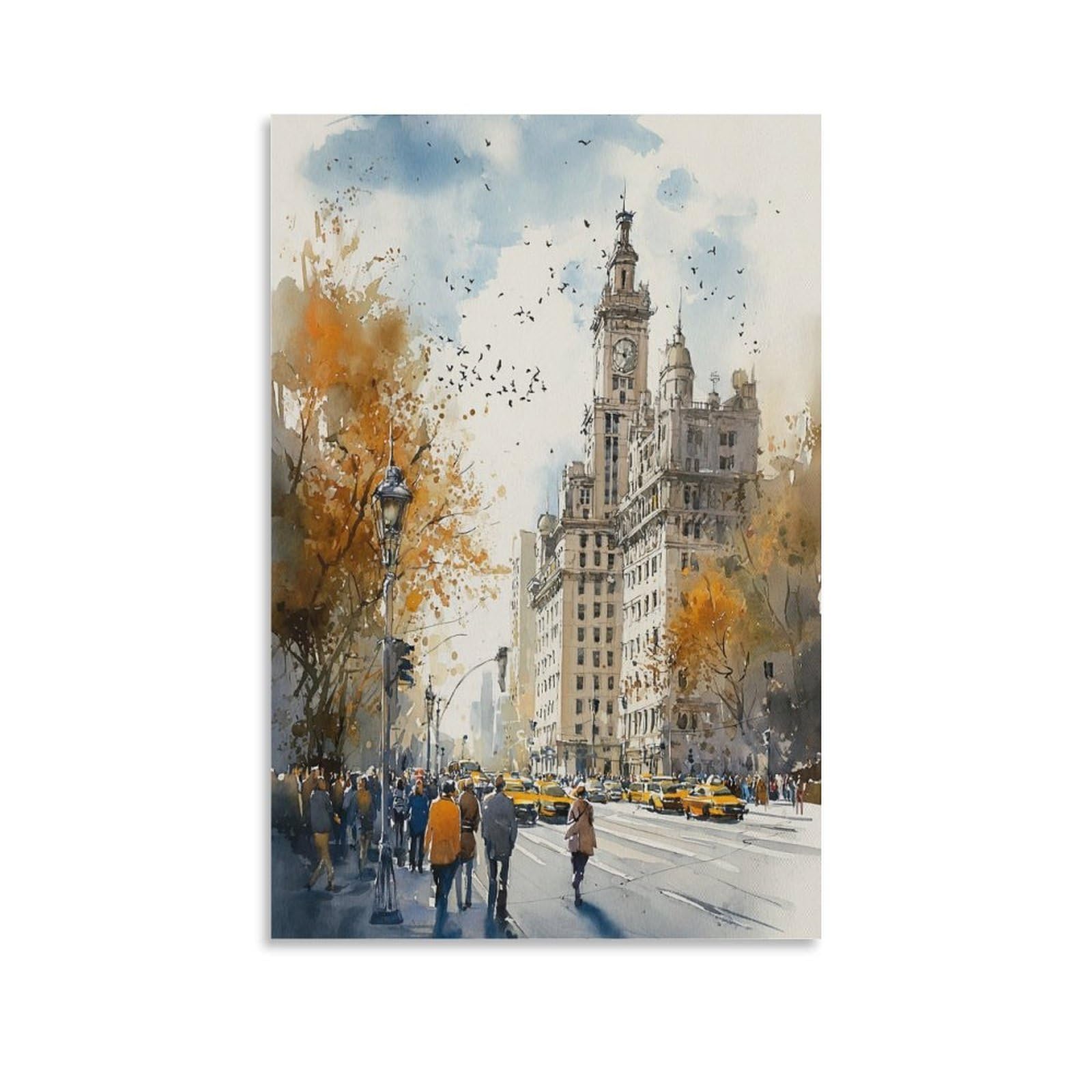 XWYMXZ New York Retro Manhattan Cityscape 20x30inch(50x75cm) Vintage Travel Poster Watercolor Canvas Art