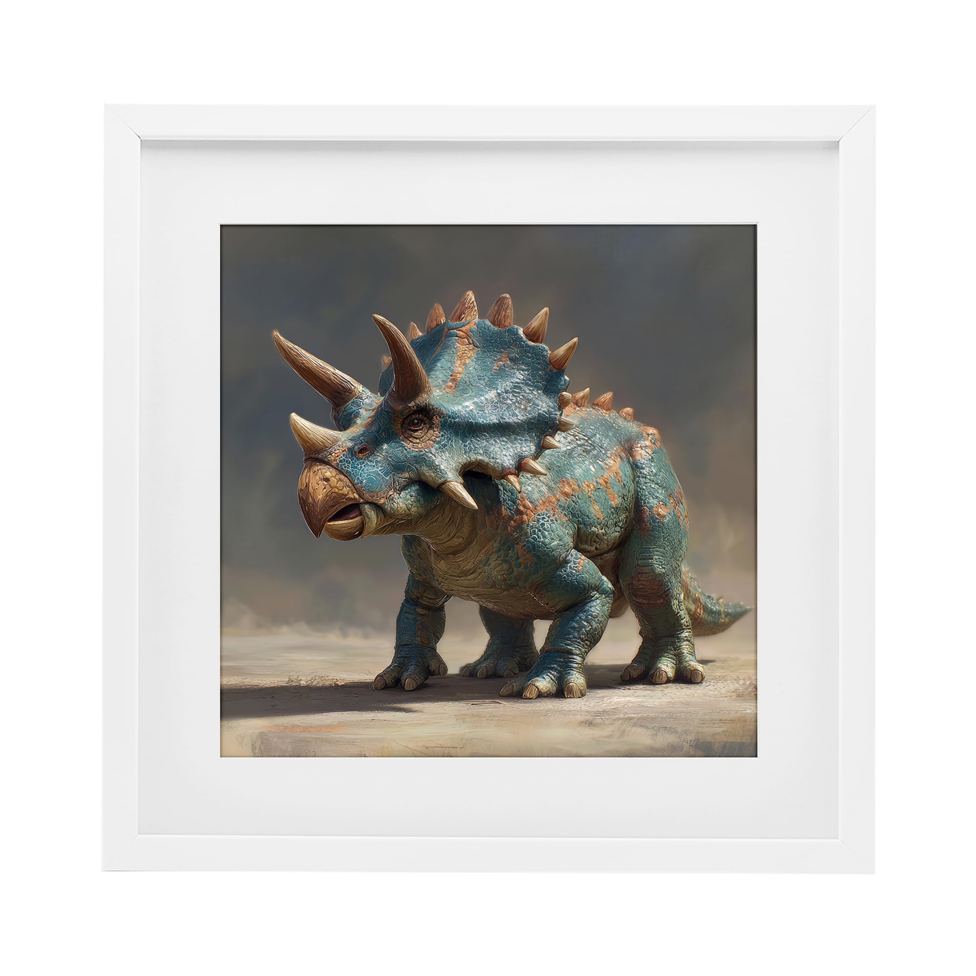Stupell Industries Coastal White (Textured) 'Horned Triceratops At Sunrise'| Framed Print Under Glass