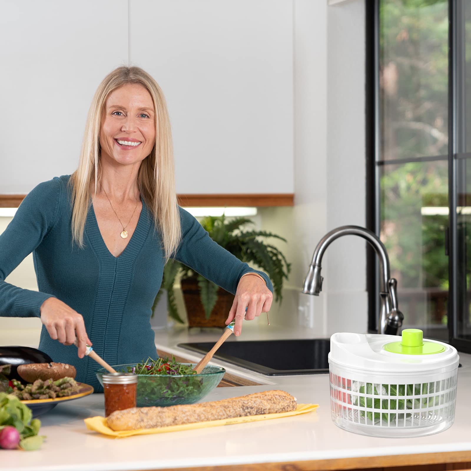Newaner Centrifugadora de Lechuga, Centrifugadora Manual, Escurridor de Cocina con Tapa y colador Interior, Salad Spinner, Capacidad: 3L 22.5CM*15CM (Blanco/Verd)