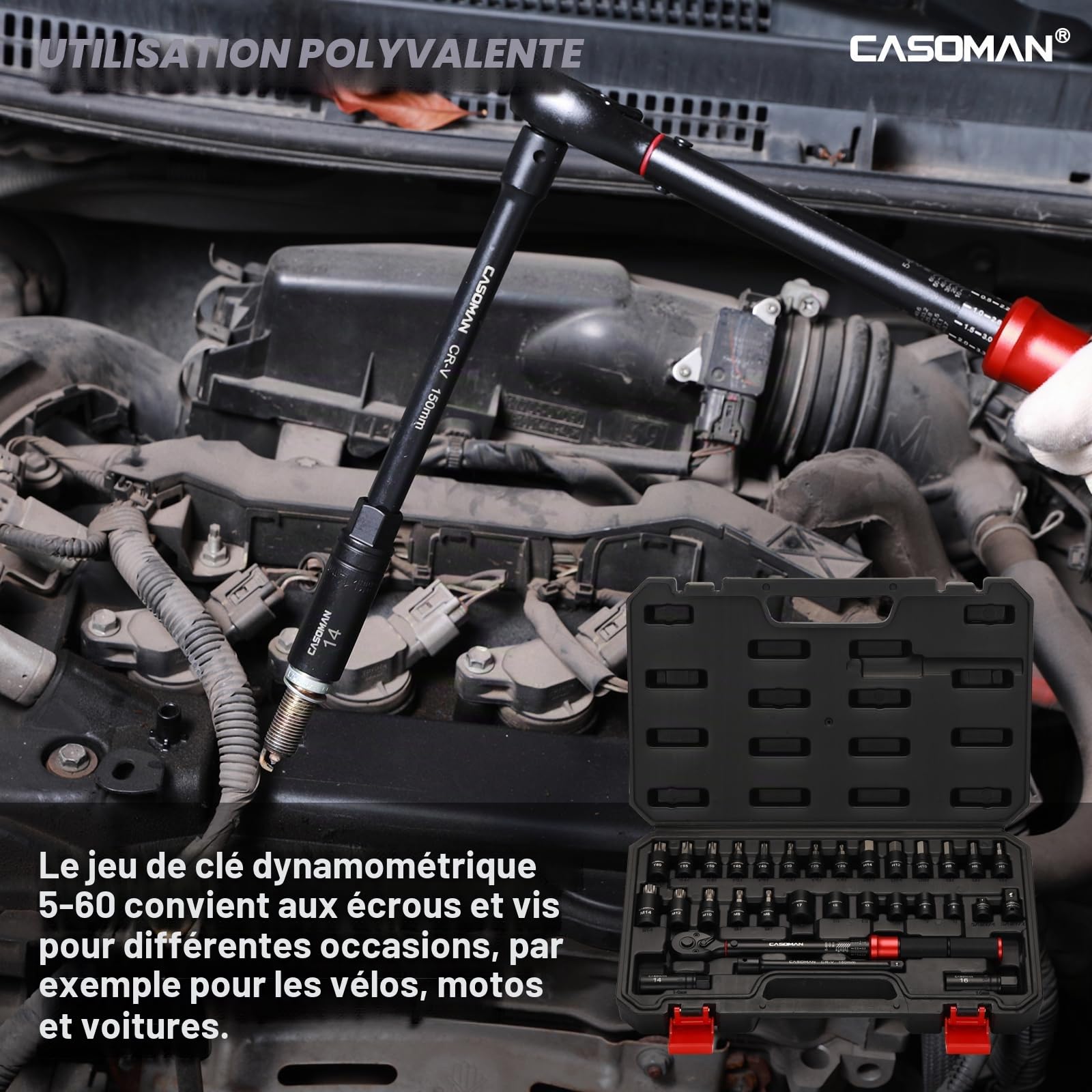 CASOMAN Lot de 31 clés dynamométriques Dr. 3/8", 5-60 Nm, 72 dents pour vélo et moto, avec barre d'extension et adaptateurs