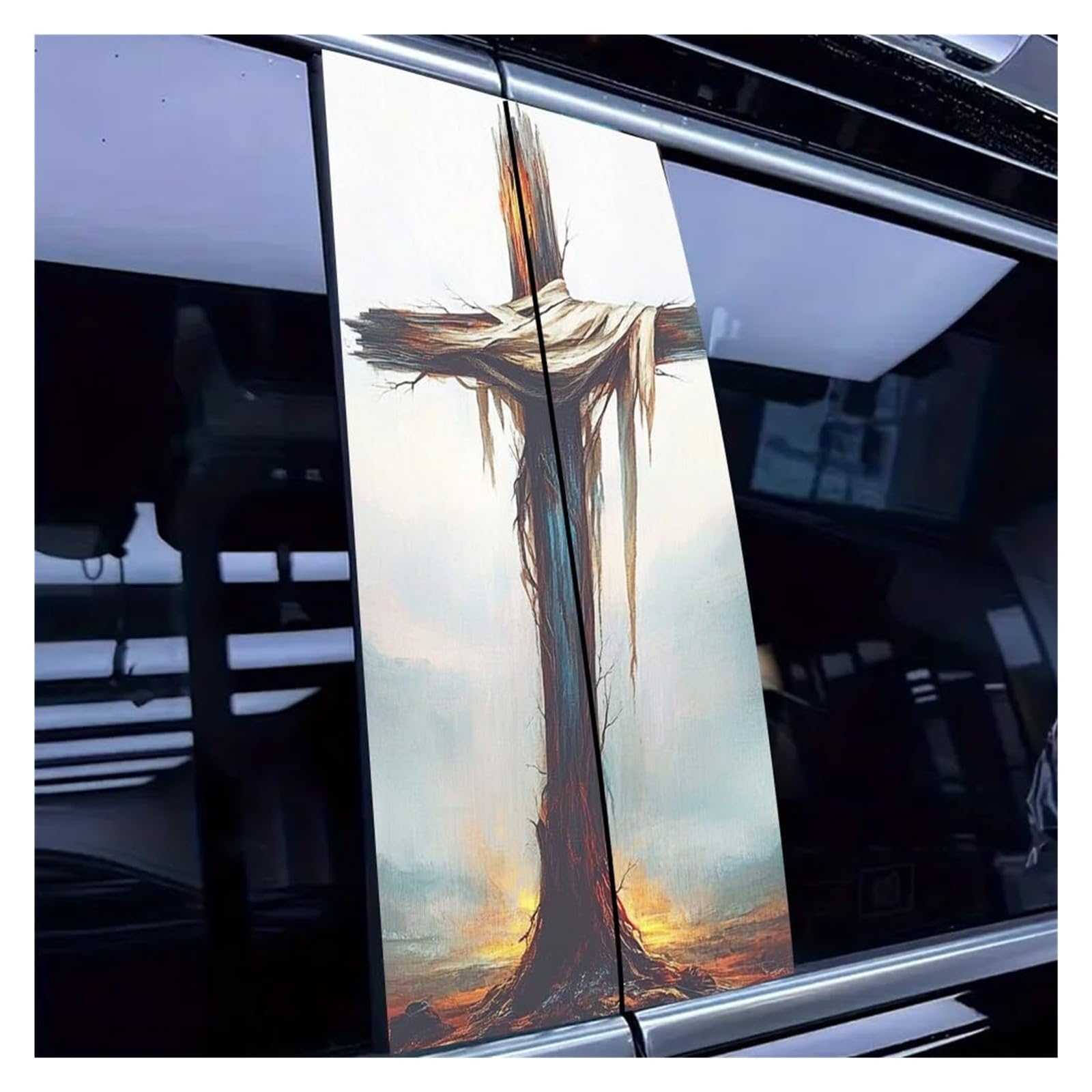 1 Pair Jesus Car B-Pillar Decals, Cross Car Center Pillar Stickers, Waterproof Vinyl Christian Vehicle Door Pillar Sticker Scratch Cover Sticker for Car Auto SUV(Oil Painting Style Cross)