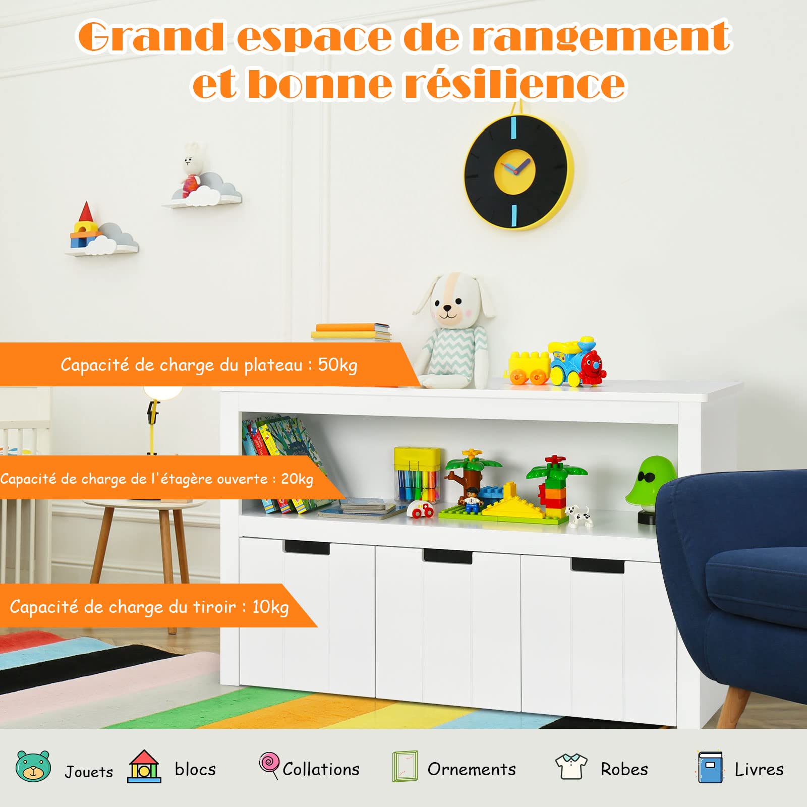 GOPLUS Armario de Almacenamiento para Juguetes para Niños, Estantería de 3 Cajones, Gran Estantería para Cubos de Almacenamiento, Armario de Almacenamiento para Habitación de Niños, 102 x 33 x 62 cm