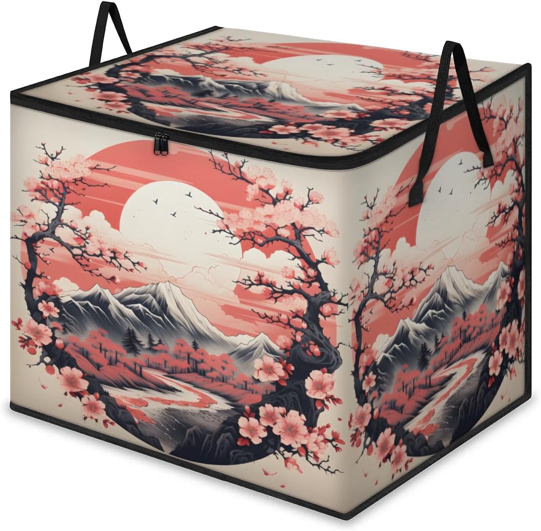 Honeybaby 214L Extra Large Comforter Storage Bag Sunrise Cherry Blossoms Storage Totes with Lids Waterproof Closet Organizer Folding Blanket Storage Bags for Clothes Bedding Pillows