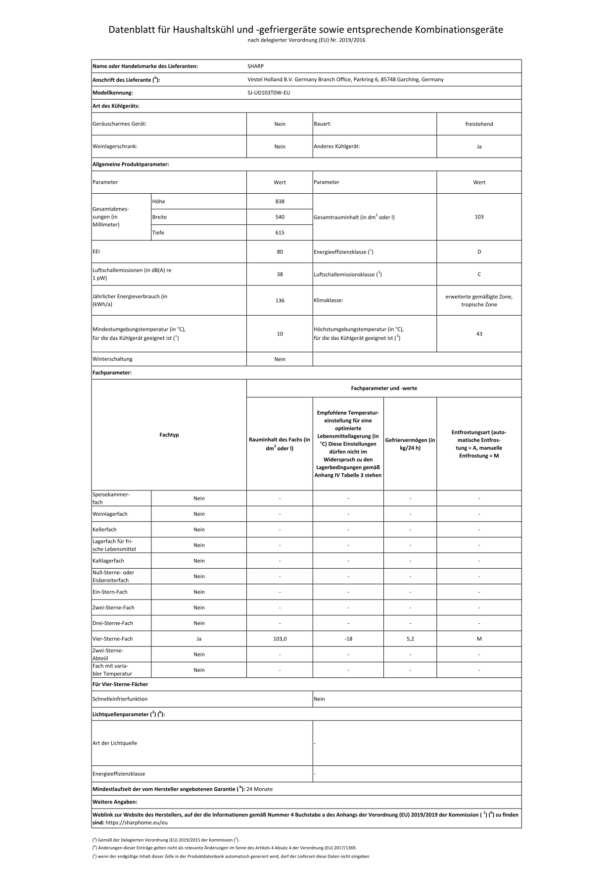 SHARP SJ-UD103T0W-EU freistehender Kühlschrank (EEK D, 103 L, 38 dB), (3 Schubladen inkl. 1 Klappfächer), Weiß, H83,8 x B54cm