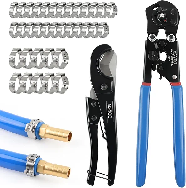 MGYOO Pex Crimping Tool Kit Cinch and Remove Dual-Function Pex Crimp Tool 3/8" to 1" Pex Crimper with Pex Cutter and 35pcs 1/2" 3/4" Stainless Steel Pex Clamps