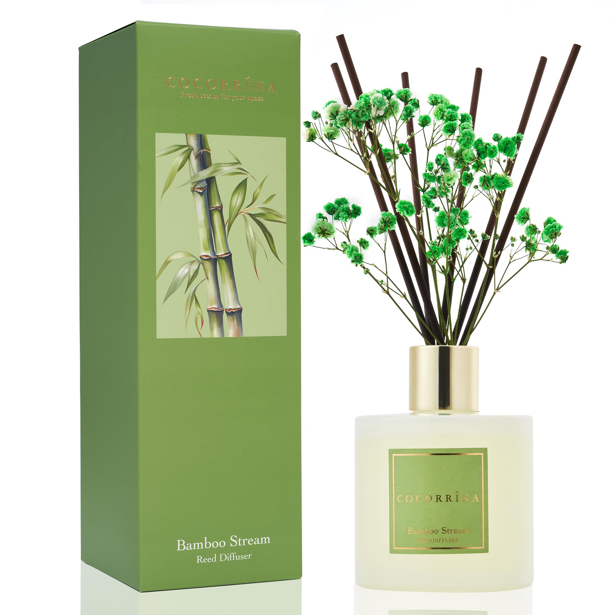 Cocorrína Reed Diffuser - Bamboo Stream Scented Diffuser with 8 Sticks Home Fragrance Reed Diffuser for Bathroom Shelf Decor Bamboo Stream Flower/6.7 Ounce/1pack