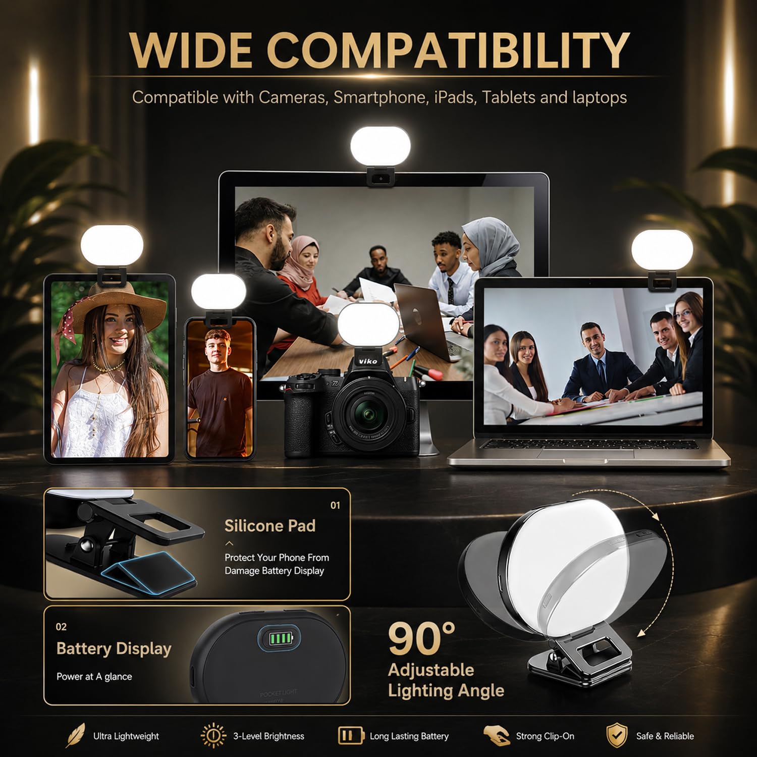 Luce LED morbida ricaricabile 2000mAh 2700-6500K Selfie Light con clip in silicone Type-C ricarica, 3 modalità di illuminazione per cellulari, fotocamere, laptop, iPad, perfetta per trucco,