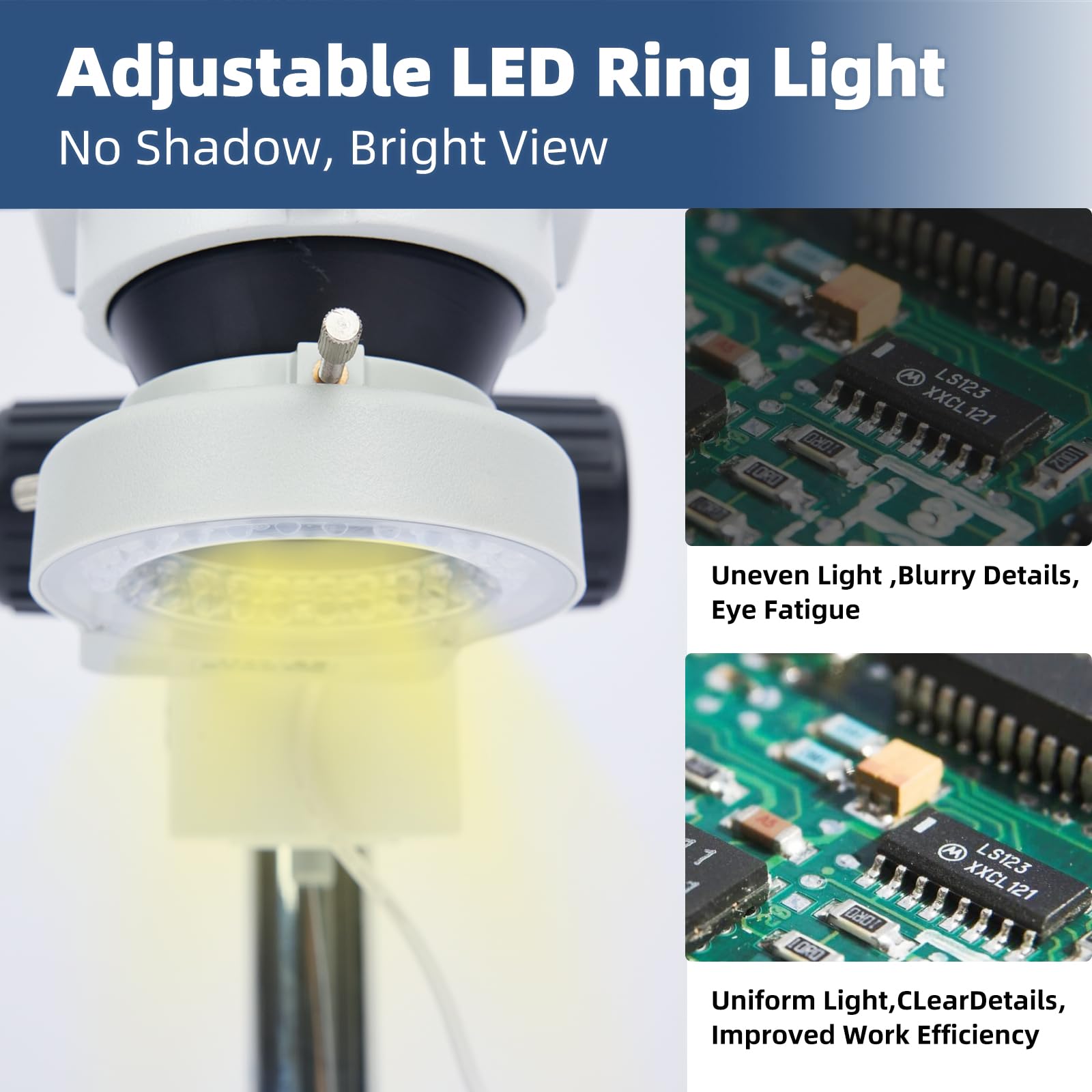 Microscopio estéreo binocular profesional de aumento 7X-45X con anillo de luz LED, doble enfoque grueso y fino, base ancha para reparación de PCB, joyas, observación de minerales