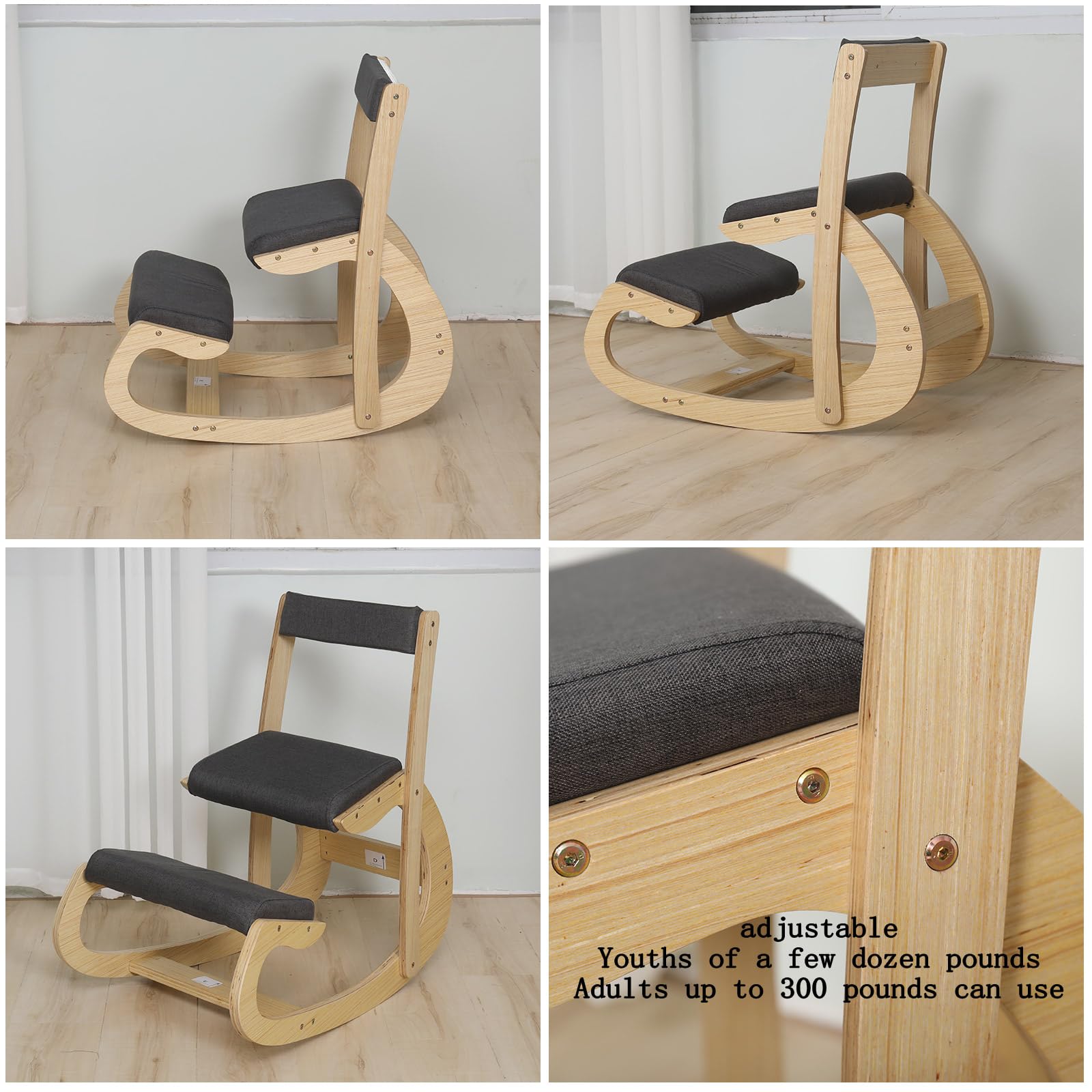 Ergonomischer Kniestuhl, verstellbar, mit Rückenlehnen, Kniestuhl, Haltungsstuhl für Schreibtisch, Heimbüro, Holz, Kniehocker und Kniestuhl