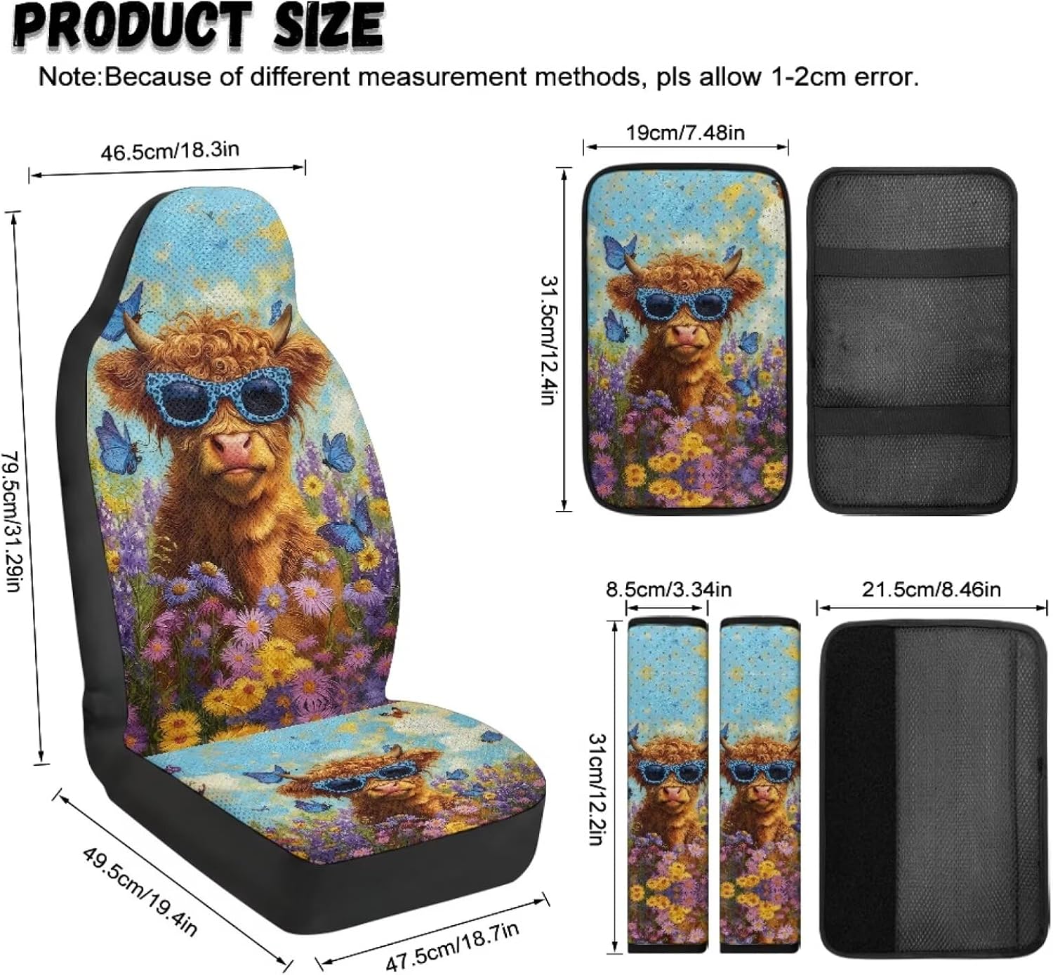 Car Seat Covers for Front Seats 5Pcs Car Accessories with Seat Belt Covers & Center Console Cover Universal Fit for SUVs,Vans,Trucks,Sedans, Butterfly Highland Cattle Vibrant Daisy