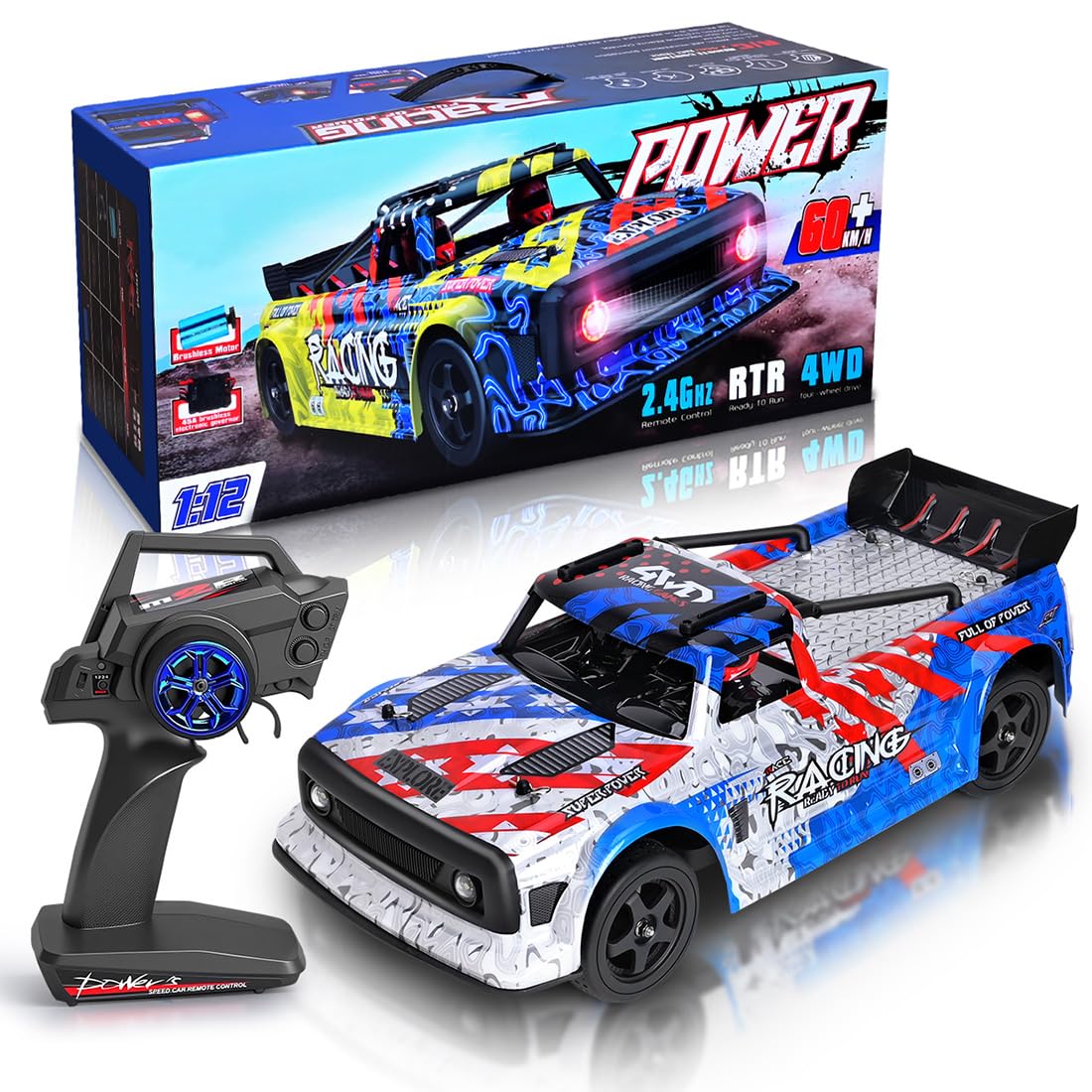 WLtoys 124020 RC Drift Car 1:12, velocità massima 60 km/h, trazione integrale 2,4 GHz, motore brushless, ammortizzatore in metallo, illuminazione a LED (rosso e blu)