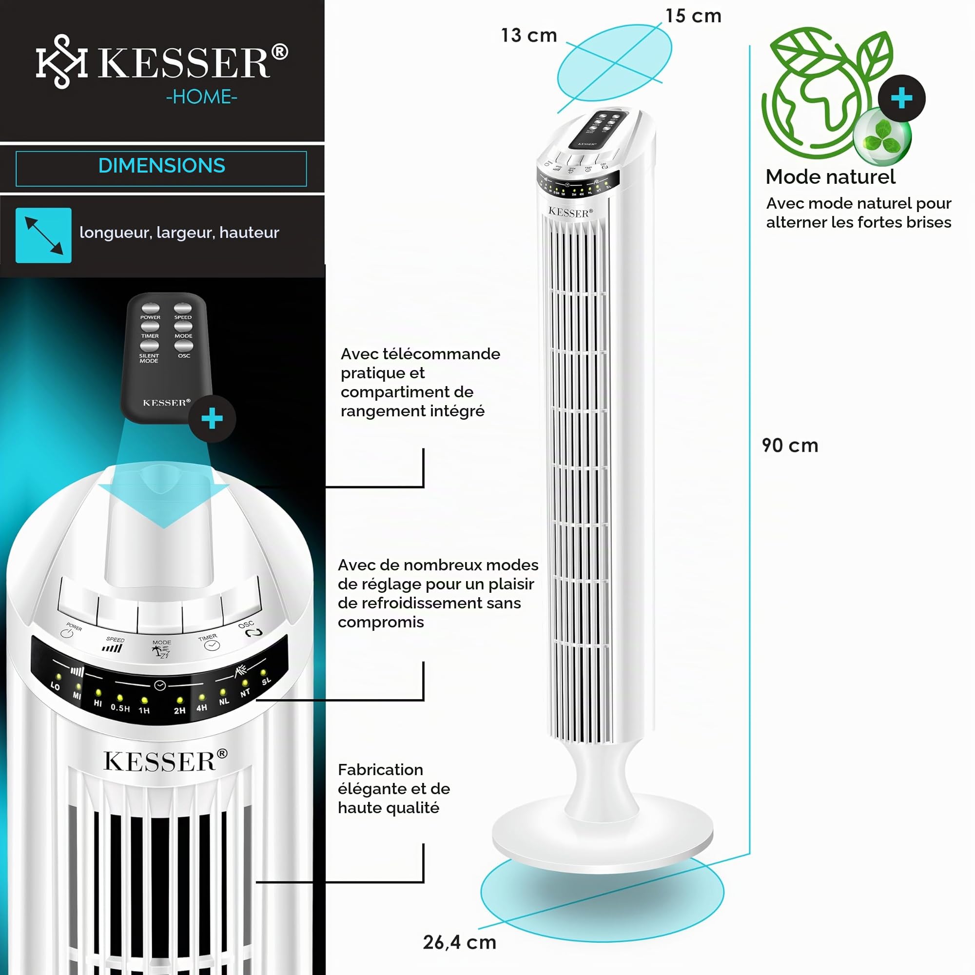 KESSER Ventilateur tour avec télécommande - ventilateur à colonne avec écran LED - ventilateur sur pied - climatiseur