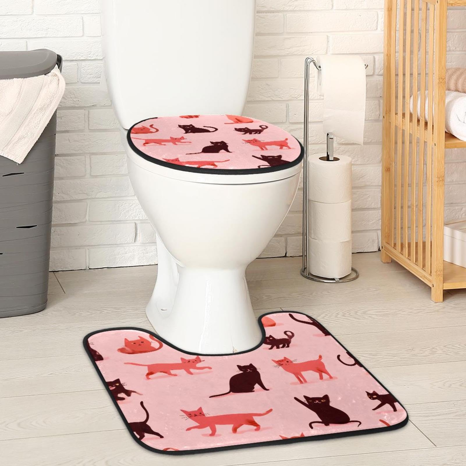 2 Pieces Flannel Toilet Contour Mat and Toilet Lid Cover, Soft Toilet Lid Cover Set Machine Washable Non Slip Contour Mat for Bathroom Decor Accessories