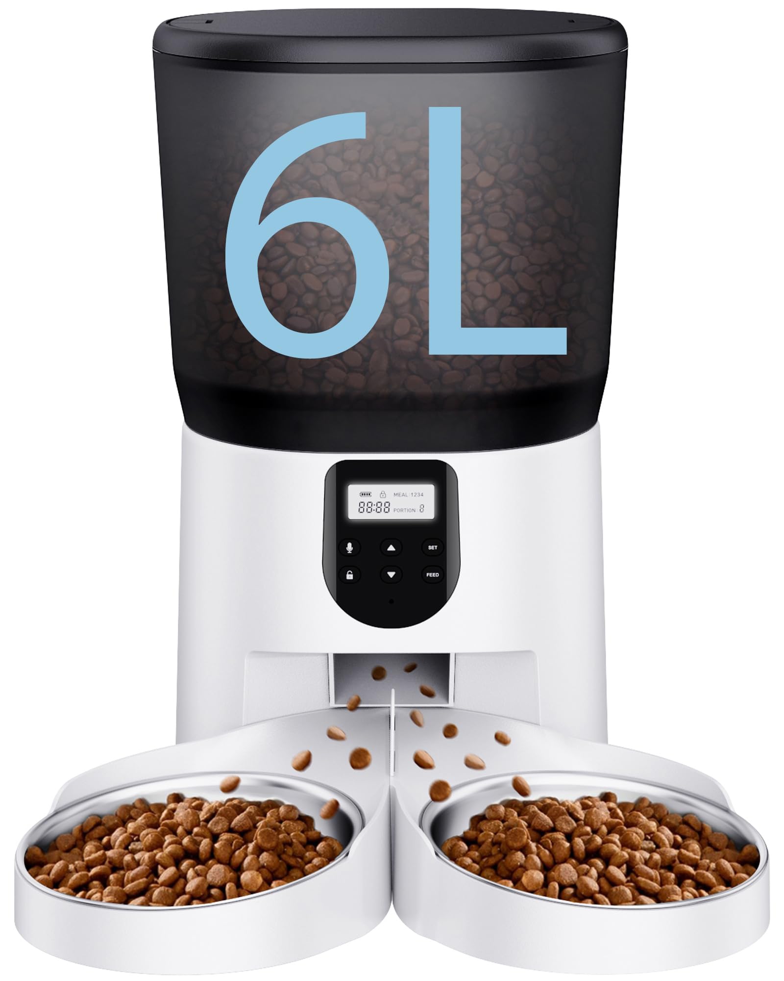 Automatic Cat Feeders for 2Cats, 6L/25cup Automatic Cat Food Dispenser with 2 Stainless Pet Bowls,10s Meal Call Timer Setting 20 Portions 6Meals Per Day, Timed Pet Feeder for Cats Dog Indoor Dry Food