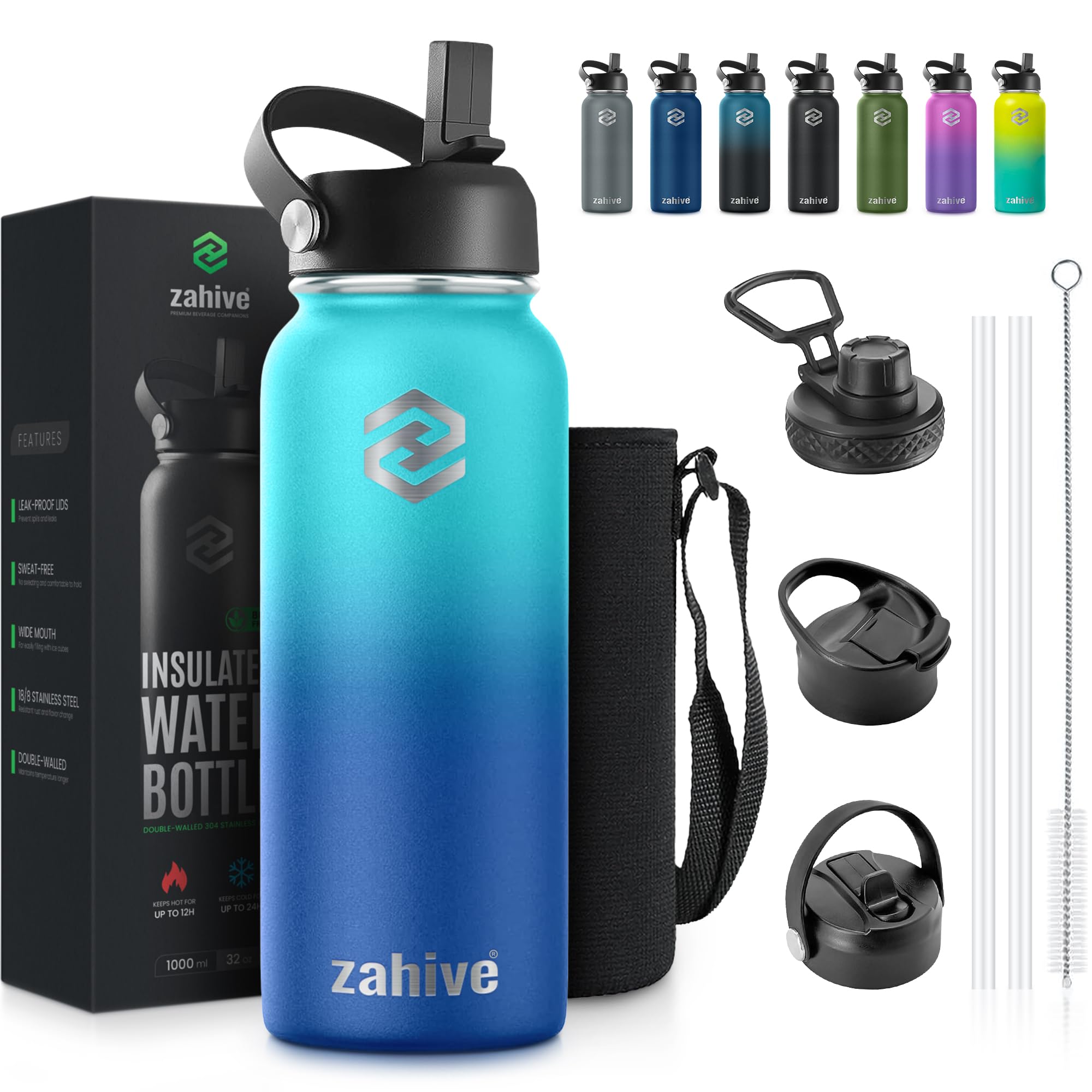 Stainless Steel Water Bottle 1l with 3 Lids & Bag - Insulated Water Bottle with Straw - 1000ml Double Wall Thermos Flask for Travel Hot & Cold Drinks, Sports, Gym, Leak Proof (32oz, Ocean Blue) 1000 ml Ocean Blue