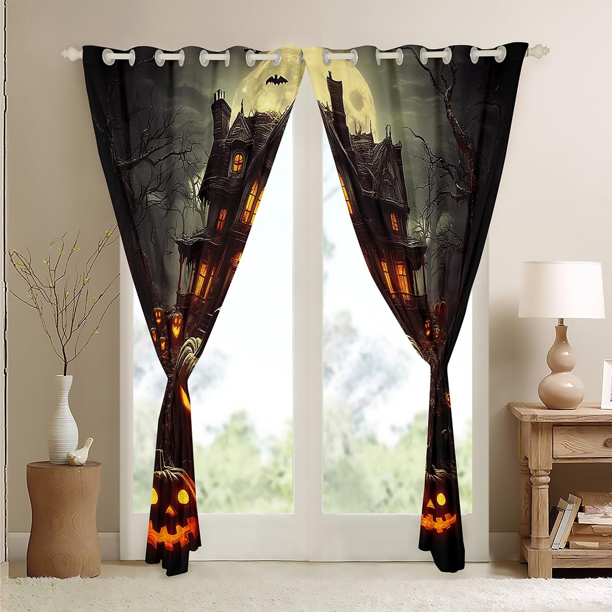 Kürbis Halloween Verdunkelungs Vorhänge Kürbis Laternen Vorhänge Glückliche Halloween Fenster Vorhänge Trick Or Treat Thema Schlafzimmer Vorhänge Geist Spinne Fledermäuse Dekor Vorhänge,117Bx183L