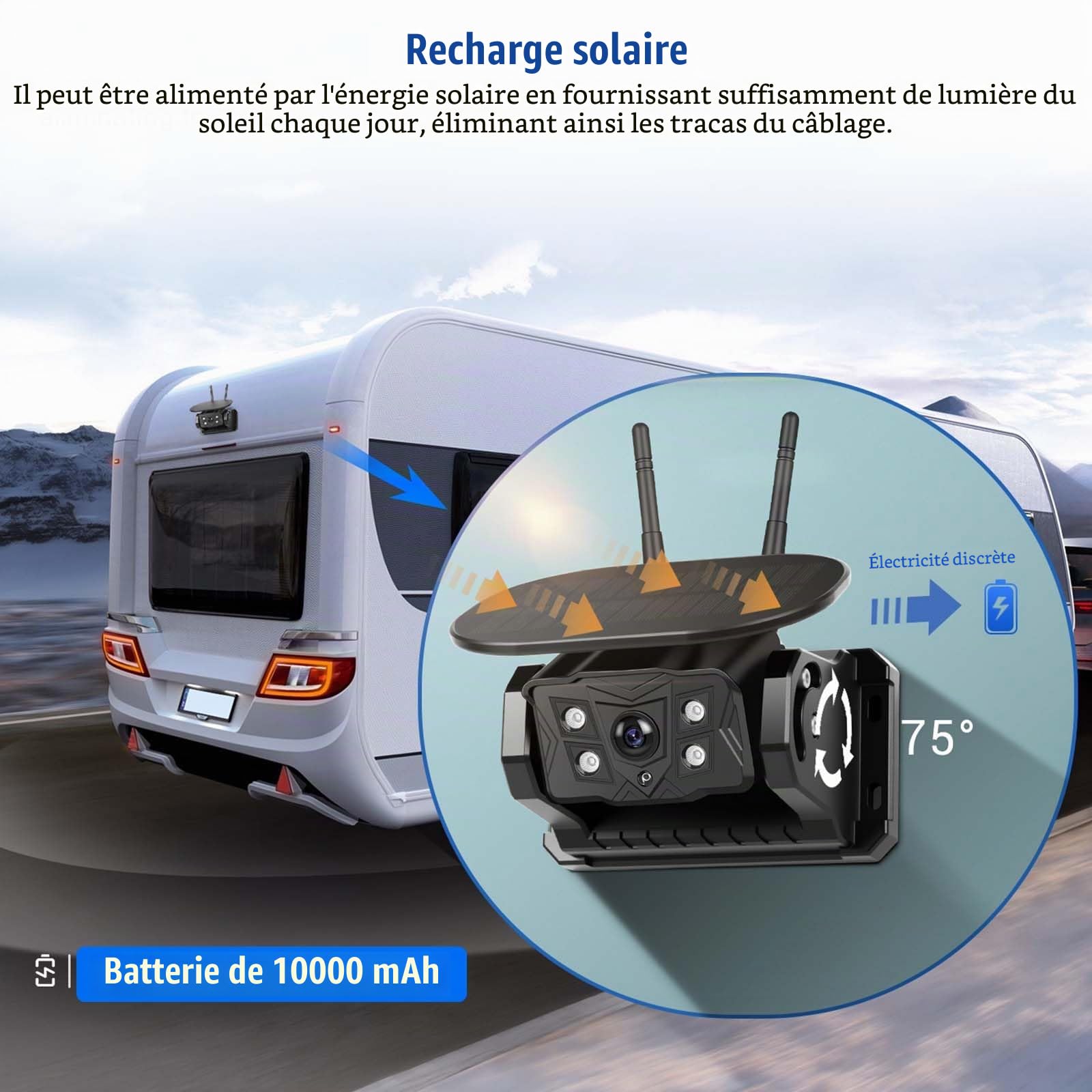 CAMECHO Solaire Caméra de recul sans Fil avec 10 Pouces Écran Tactile, 10000 mAh Caméra Magnétique 720P IP68 Étanche Vision Nocturne 320ft Max pour Voiture 12-36V, Caravane, Camping-Car, SUV