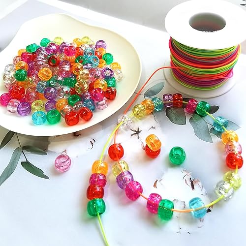 Vista 5 de 1000 piezas de cuentas de pony brillantes y cuerda elástica arcoíris de colores mixtos de 6x9mm, cuentas acrílicas para hacer joyería, pulseras