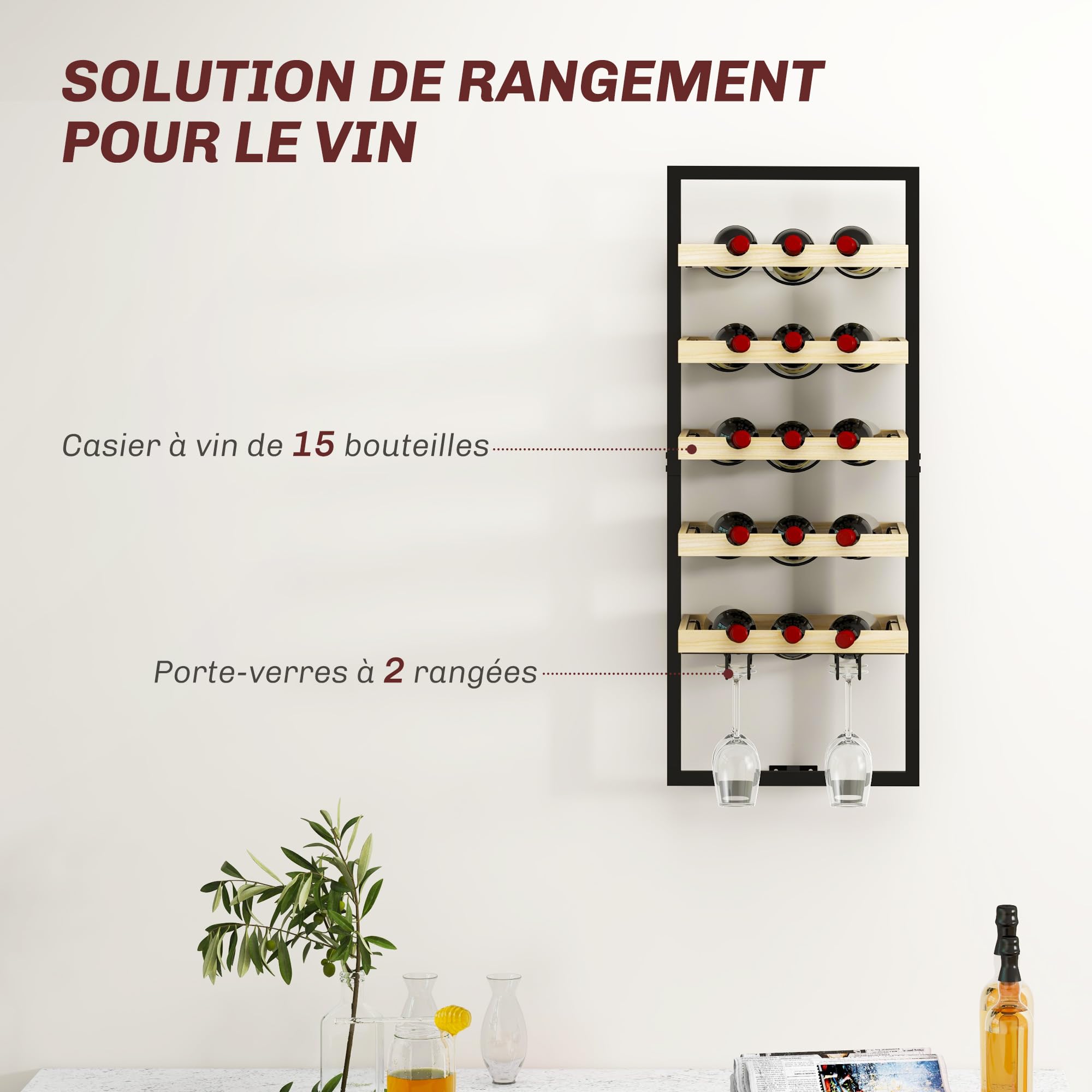 HOMCOM Étagère à vin Murale, Porte-Bouteilles, étagère à Bouteilles 5 Niveaux pour 15 Bouteilles 4 Verres, Bois de pin, 35 x 25 x 86 cm