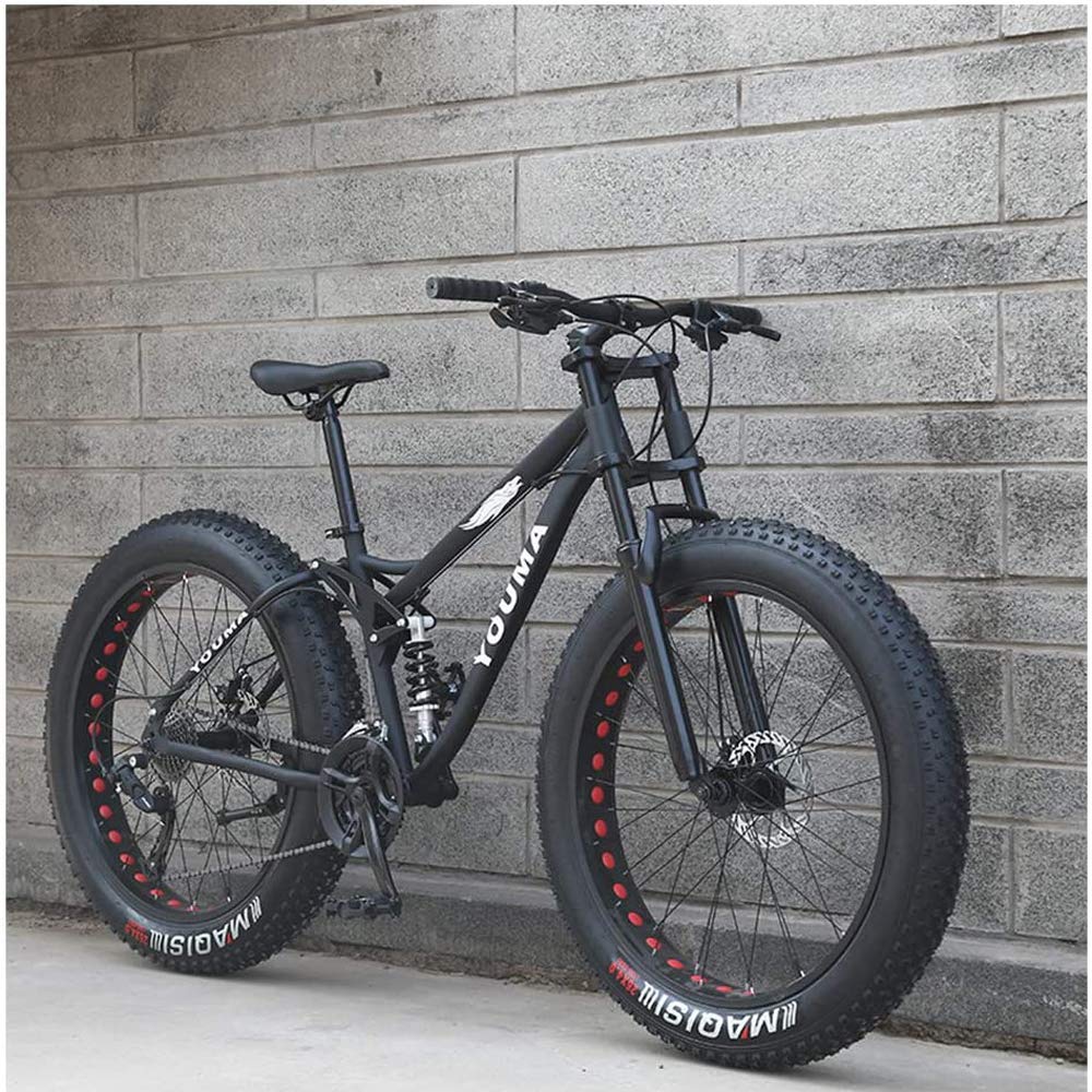 26 Pouces Mountain Bikes, Adulte Garçons Filles Fat Tire Mountain Trail Bike, Double Frein à Disque de Bicyclette, Cadre en Acier Haute teneur en Carbone, Anti-Glissement, 21 Vitesse