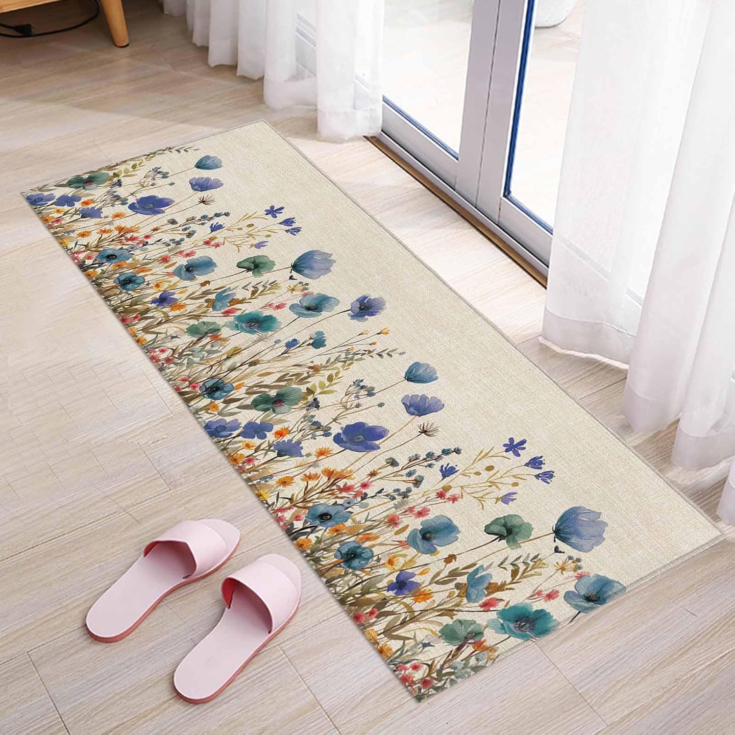 Kitchen Mats for Floor Watercolor Blossom Flower on Burlap Washable Non Slip Kitchen Rugs 1PCS, Garden Floral Botanical Leaves Absorbent Standing Mats for Sink Bathroom Office Living Room 15.7x47.2in