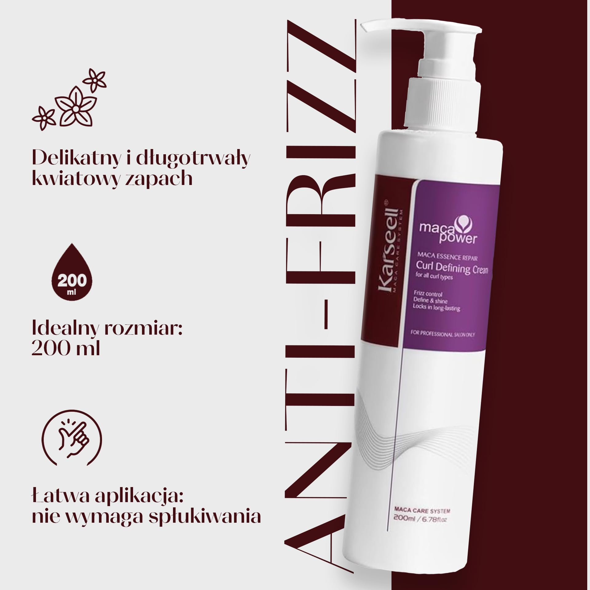 KARSEELL MACA CARE SYSTEM Krem do Loków Curl Defining Cream Leave In Nawilżająca Kuracja Bez Spłukiwania z Proteinami Jedwabiu i Witaminą E do Włosów Kręconych Falowanych Afro 200ml