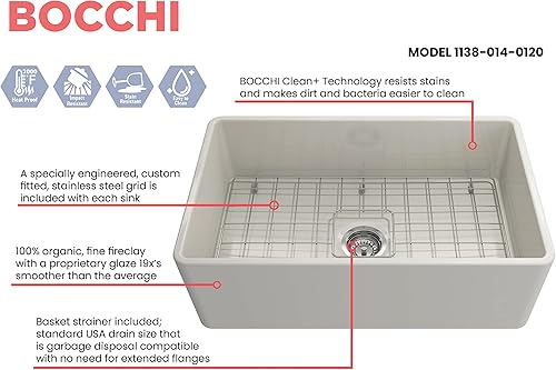 Miniatura 105 de BOCCHI Classico Farmhouse Delantal de arcilla refractaria delantera de 20 pulgadas. Fregadero de cocina de un solo tazón con rejilla inferior Café