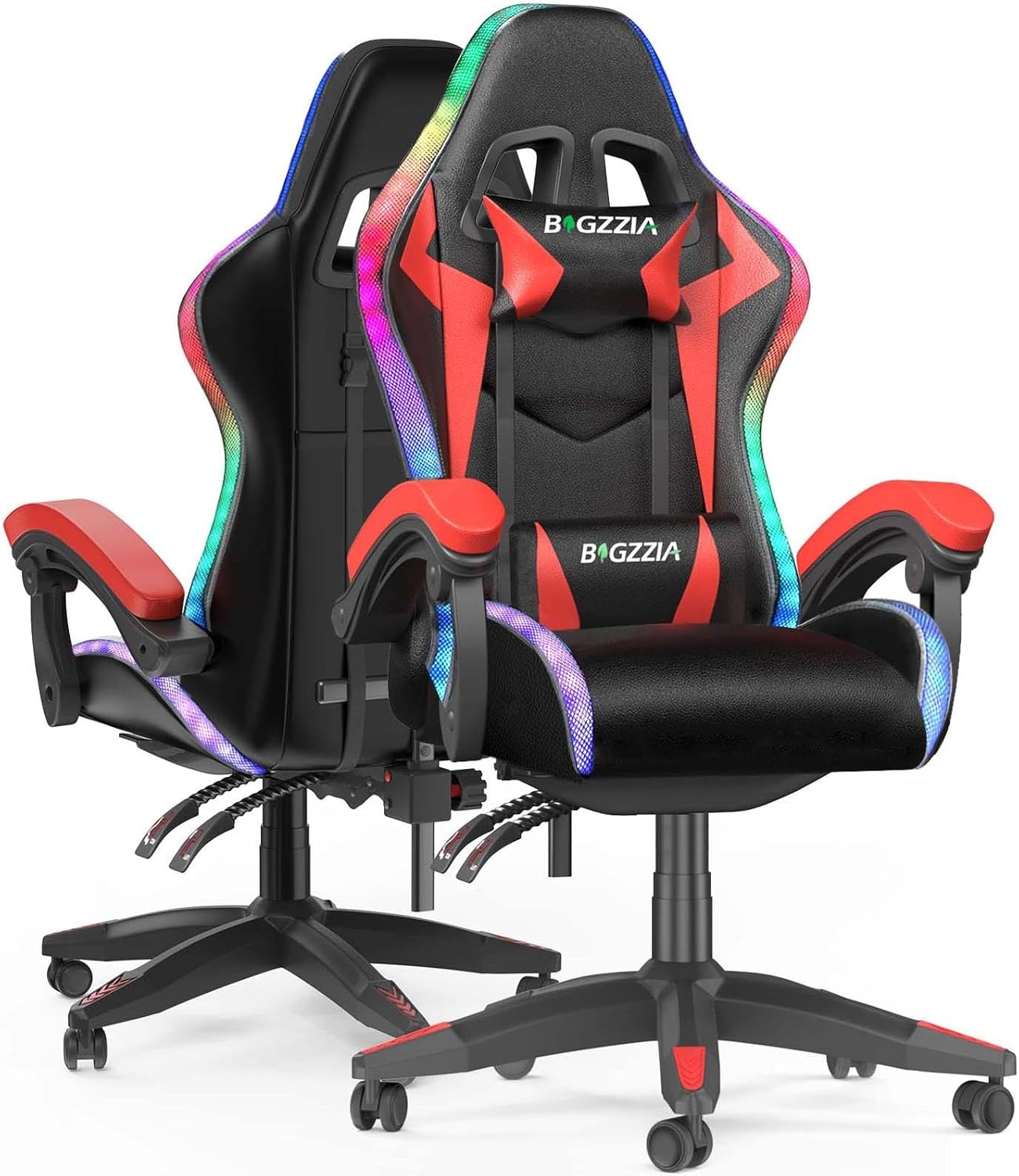 Bigzzia RGB Gaming Chair with LED Lights and Ergonomic Computer Chair Reclining PU Leather High Back Video Game Chair with Headrest Adjustable Lumbar Support Linkage Armrest for Adults (Black/Red) Bigzzia RGB Gaming Chair with LED Lights and Ergonomic Computer Chair Reclining PU Leather High Back Video Game Chair with Headrest Adjustable Lumbar Support Linkage Armrest for Adults (Black/Red)