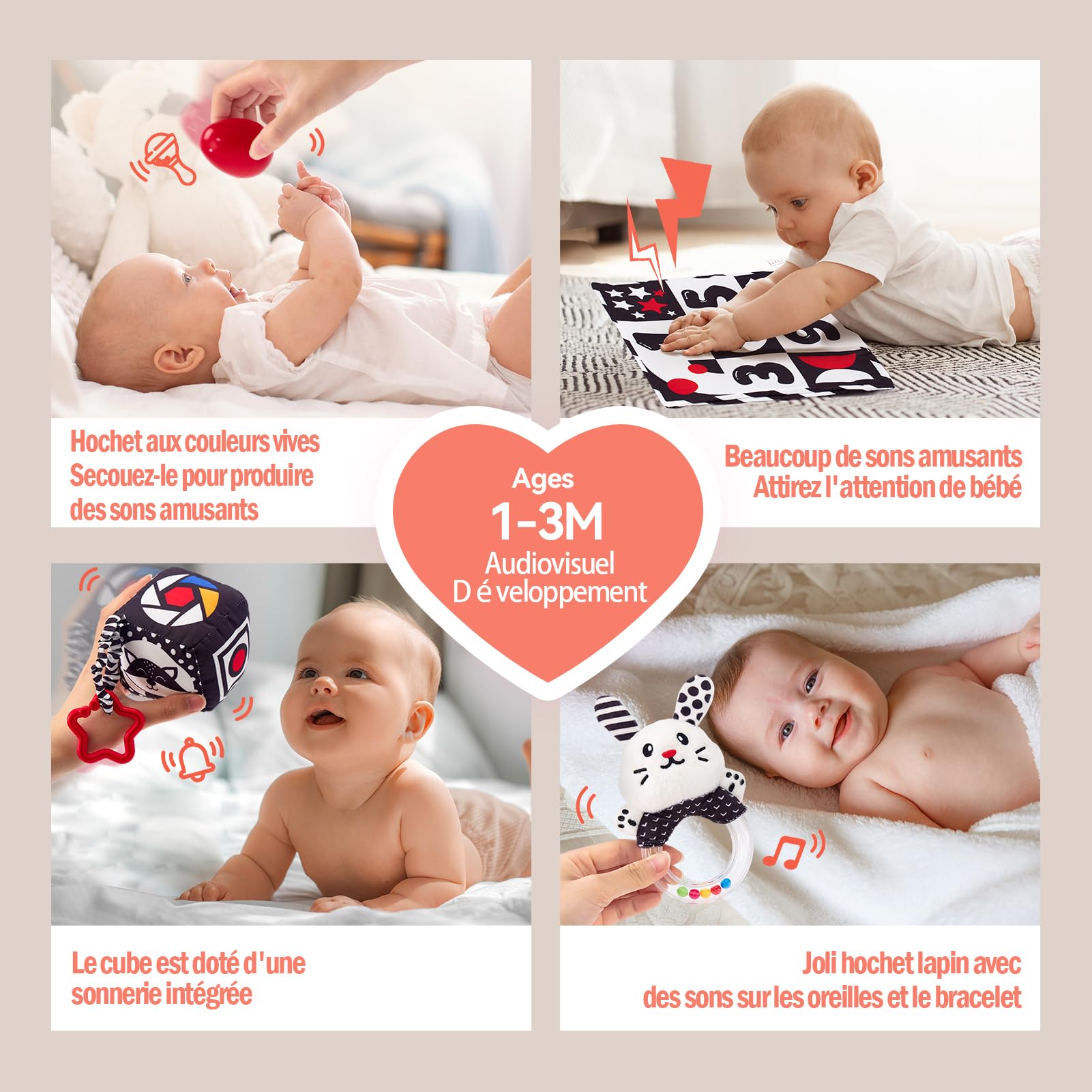 hahaland Jouet Bébé pour 0-3 Mois Carte Flash Blanc et Noir et Anneau Dentition Jouet Montessori pour Bébé Eveil 0-6 Mois Cadeau Naissance Garcon Fille