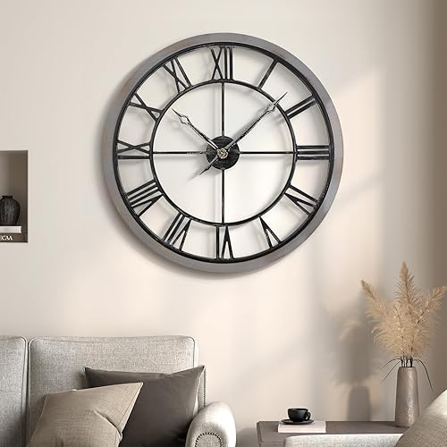 Miniatura 43 de Reloj de pared de 24 pulgadas, relojes de pared grandes para sala de estar, reloj redondo de metal decorativo, funciona con pilas, silencioso, sin