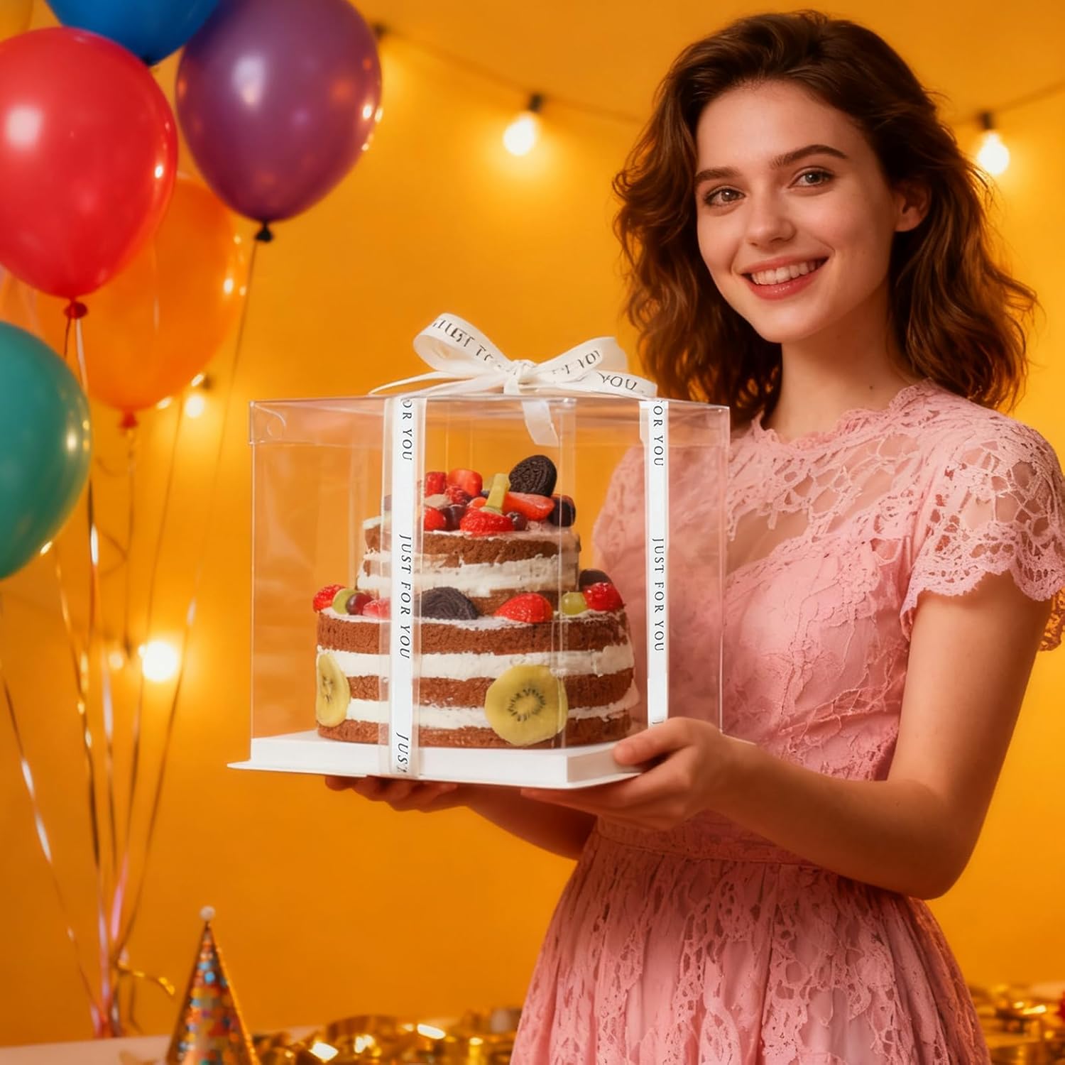 cake box-14 * 14 * 10inch/4pcs, Clear Display Gift Boxes with RibbonStackable Food Storage Containers for Pastry (Clear, 14 * 14 * 10inch/4pcs)