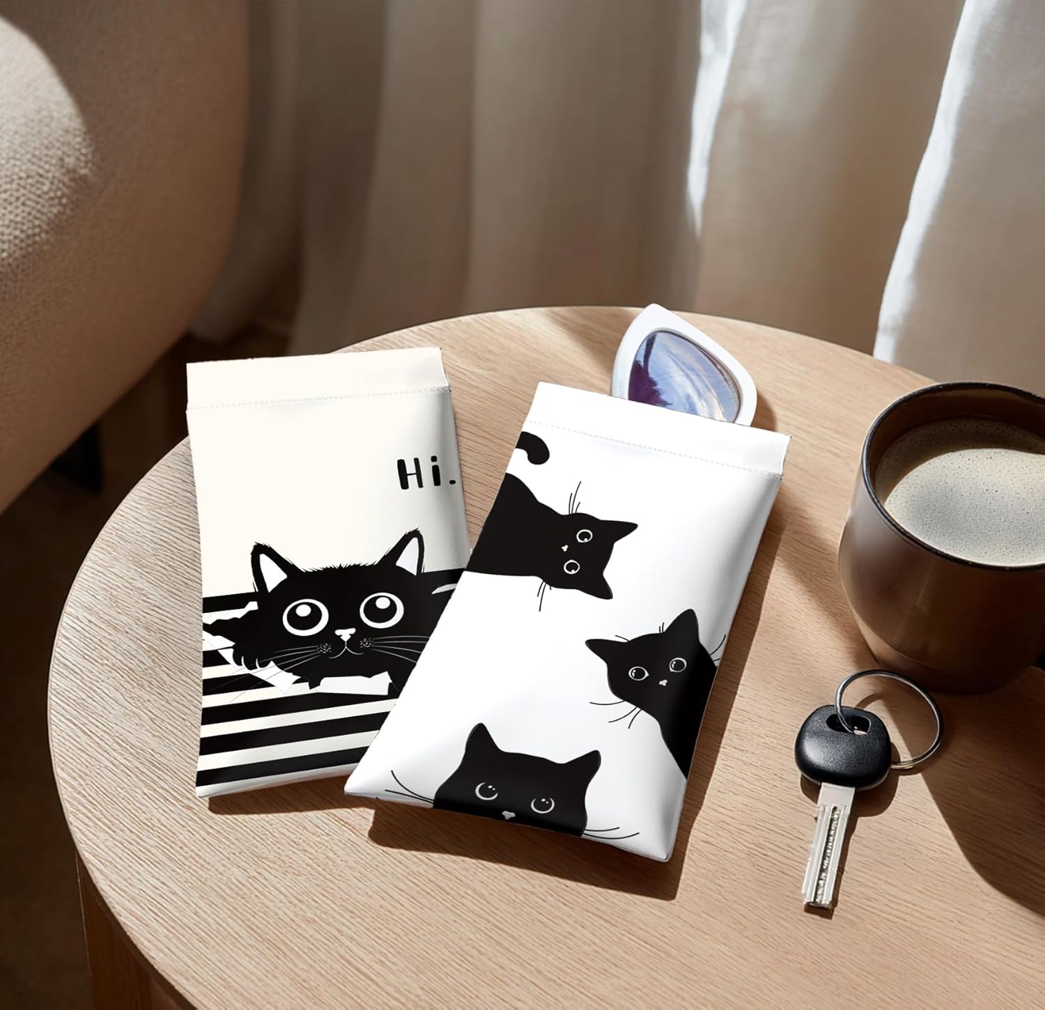 Eyeglasses Case-PU Soft Squeeze Top Sunglasses Glasses Pouch for Women Black Cat Pattern Portable Anti-Scratch Eyewear Bag (Cat, White) - Image 4