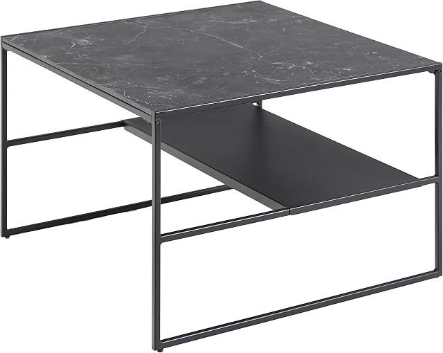 Amazon Brand - Movian Coffee Table with One Shelf, Marble Effect Top, Black Metal Base, 70 x 70 x 45 cm