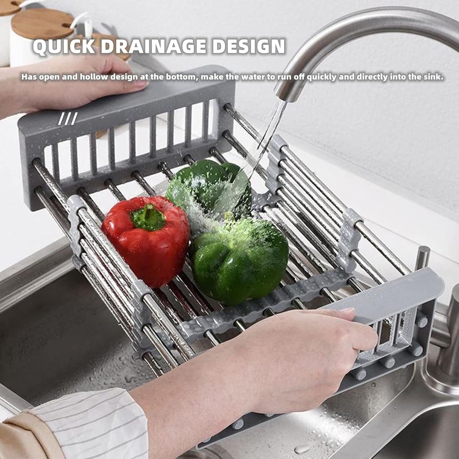 Chchmu Dish Drying Rack Sink Drain Basket Stainless Steel Scalable Kitchen Sinks Storage Rack Draining Racks Over Sink for Vegetables and Fruits Universal Kitchen Organizer, Silver