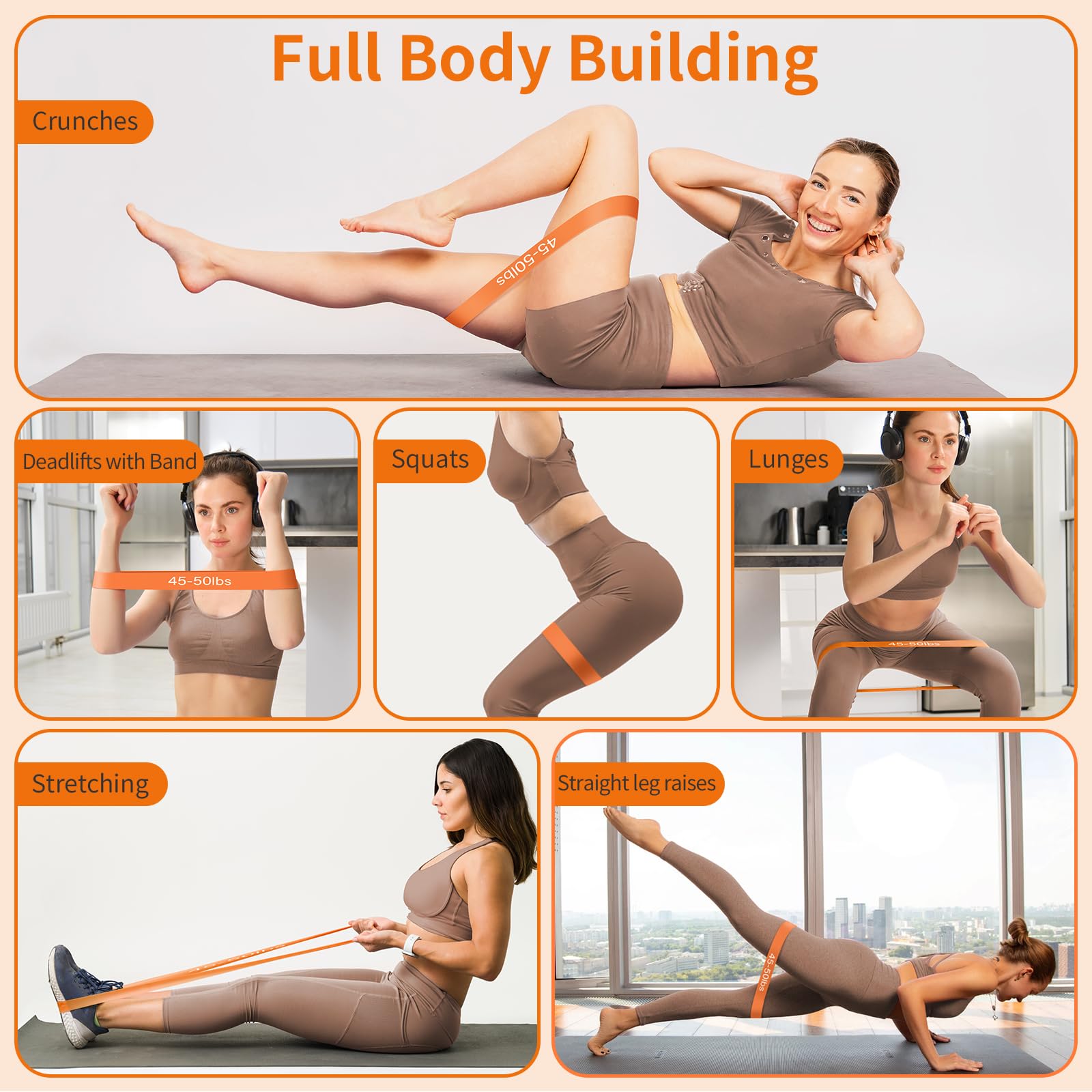 Elastici Fitness (Set da 6) in Lattice Naturale, 6 Livelli di Resistenza (5–50 lbs), Bande Elastiche Fitness per Femminile e Uomo, Ideali per Yoga, Palestra, Casa, Allenamento Muscolare