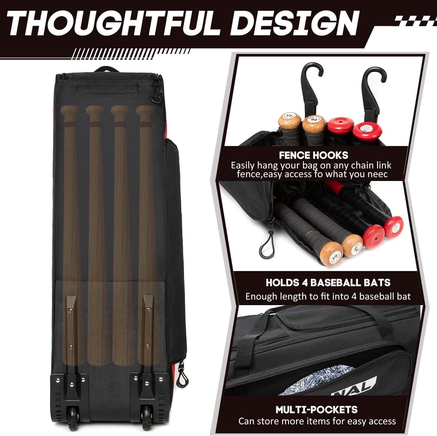 Baseball Bag with Wheels for 4 Bats,Soft Rolling Baseball Bag With Multi-Pockets, Fence Hook, Holds All Baseball Equipment.