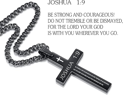 Miniatura 2 de REVEMCN Collar inspirador de cruz con versículo bíblico para hombres y niños, collar con colgante de cruz de plata negra lisa de acero inoxidable