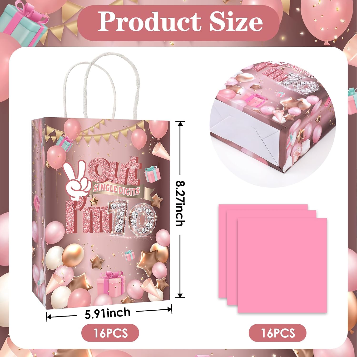TAKEALOOKO 10th Birthday Gifts Bags - 16 Pcs Peace Out Single Digits I'm 10 Gift Bag with Tissue Paper, Rose Pink Gold Goodies Bag for Girls 10 Years Old Party Favors