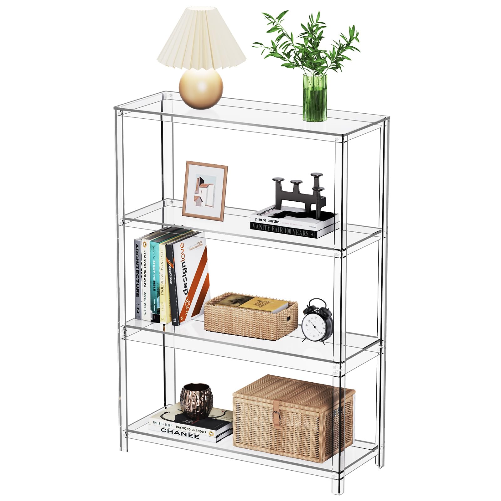 acrylic bookcase small narrow shelf bookshelf corner bookshelf freestanding tall skinny storage organizer rack, for living room, kitchen, bedroom 43.3" h (clear 4 tier)