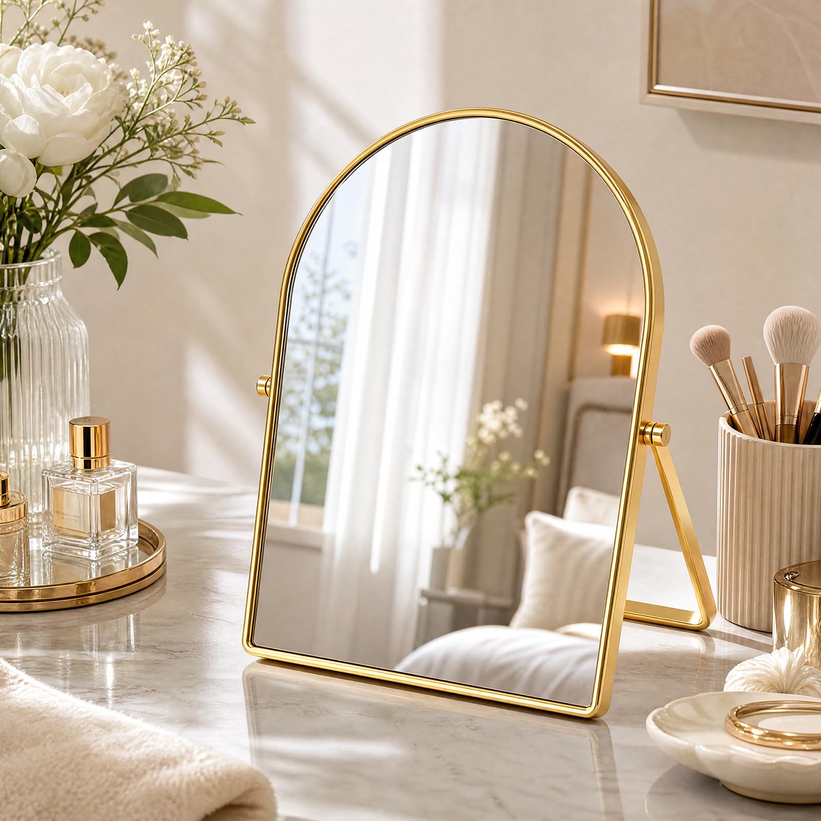 Makeup Mirror Arched Vanity Mirror Large Cosmetic Vanity Mirror Metal Frame with Stand 360° Swivel & Adjustable HD Definition Countertop Tabletop Mirrors for Vanity Dresser, Bathroom, Bedroom, Desk