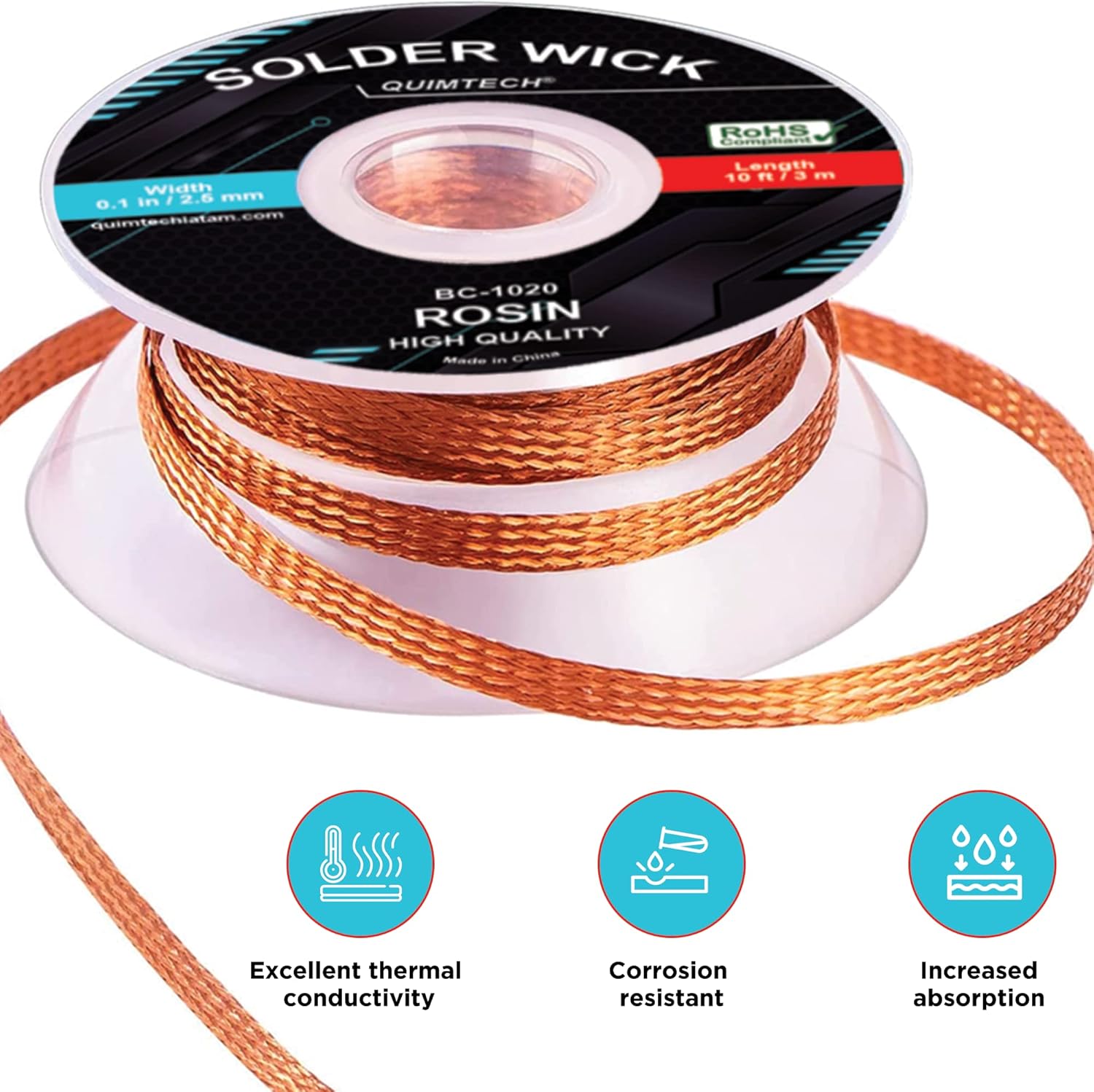 Solder Wick Braid Copper Wire with flux 10 ft.(3M) Length X 2.5mm Width I Desoldering Wire I Solder Sucker I Solder Remover I Soldering Iron I Solder Braid for Circuit Board (1pcs) - - 