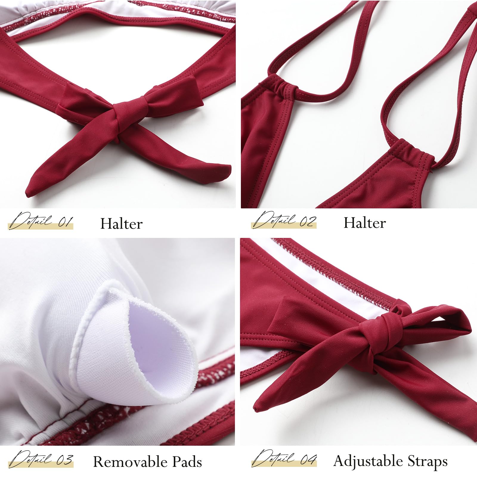 Genfien Maillots de Bain 2 Pièces Col V Bikini Halter Ties Up Taille Basse | Push Up,Ensembles Deux Pièces,Sexy,Beachwear,Élégant,Vintage,Swimsuit,Brésilien