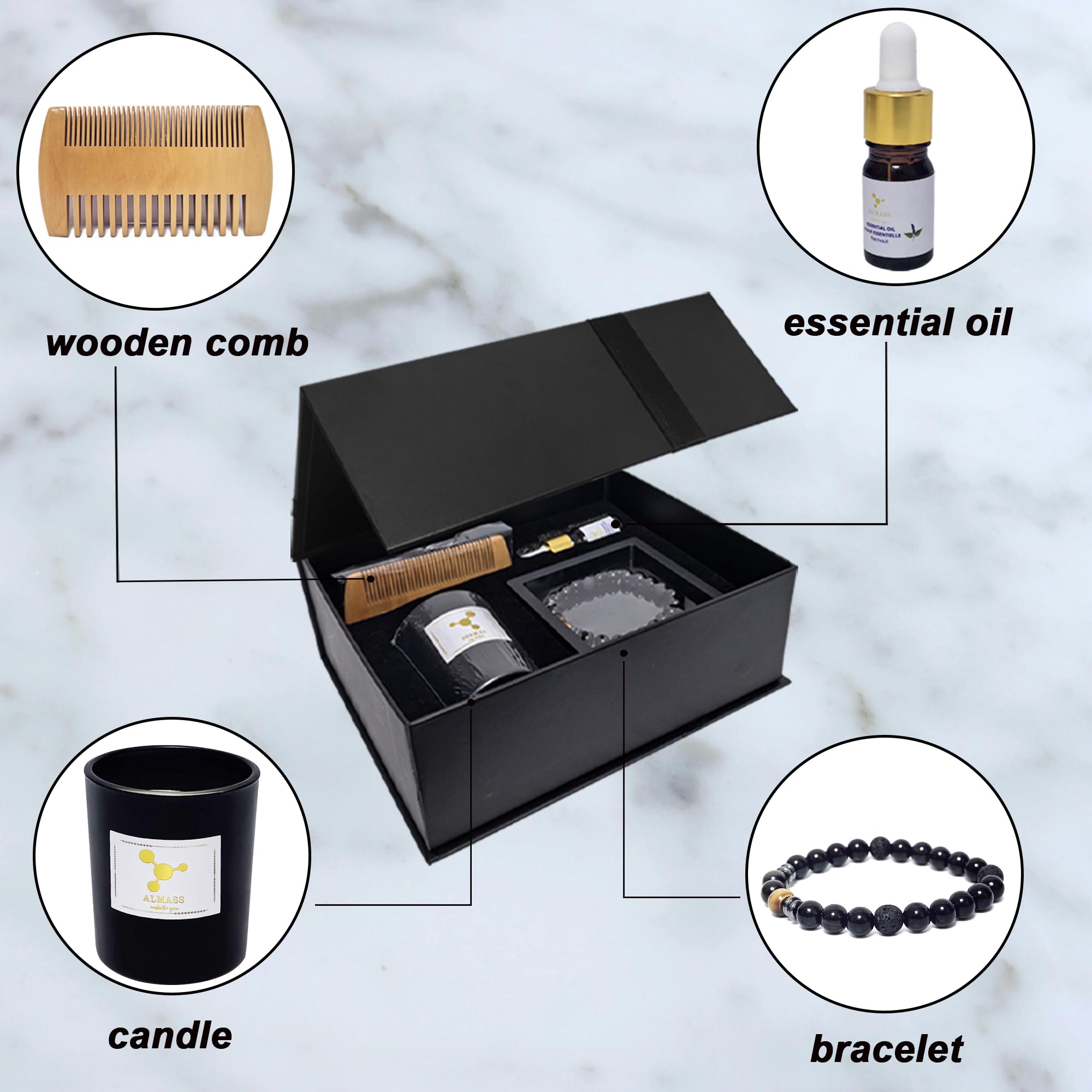 coffret cadeau homme - bijoux homme - ideaa cadeau original : Bougie OUD 100% Naturelle + Bracelet pierres Naturelle Diffuseur huile essentielle + 5ml PATCHOULI+ Peigne en Bois