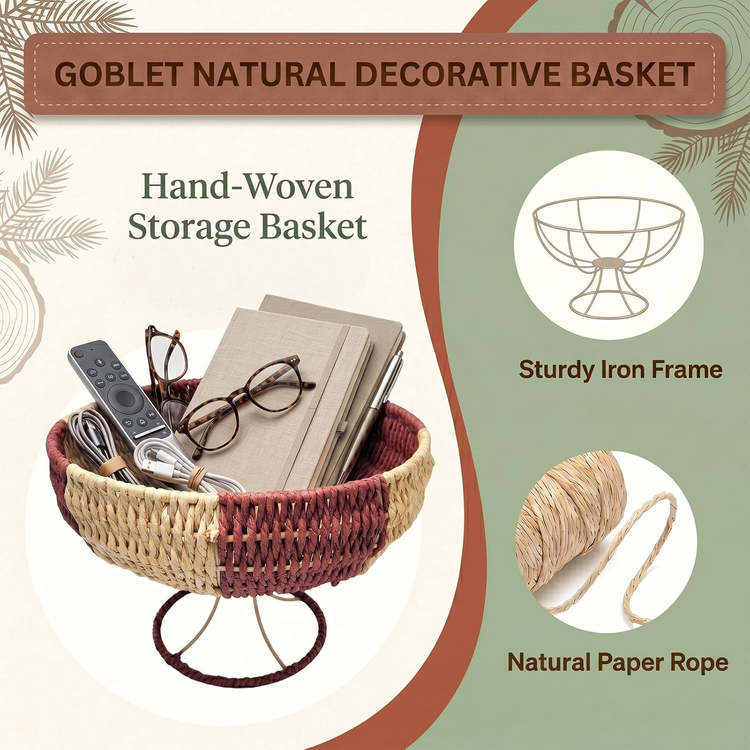Handmade Paper Rope Basket with Handle,Toilet Paper Storage Basket Decor for Shelf,Living Room,Table,Bedside,Pet Organizing,Goblet Boho Decor Bin,Color Blocking Handwoven Organizer,Small