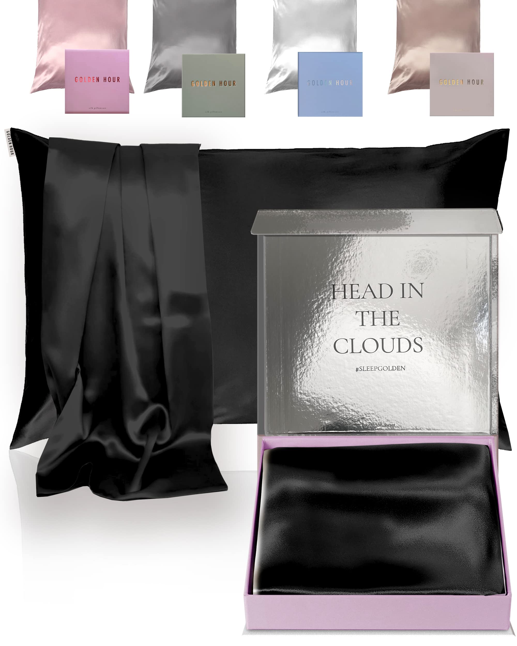 GOLDEN HOURLuxury Silk Pillowcase for Hair and Skin - 100% Real Pure Mulberry Silk - Highest Grade 22 Momme Both Sides - Gift Box - (Queen, Midnight Black)