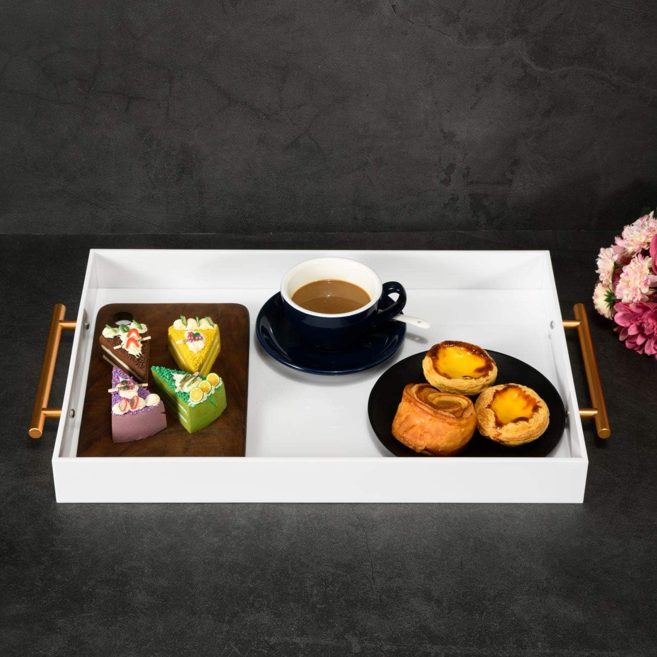 Glossy White Acrylic Tray with Metal Handle,No Need to Assemble-Acrylic Tray for Ottoman,Coffee Table, Breakfast, Tea, Food, Butler - Decorative Tray (12x18 Inch, White)