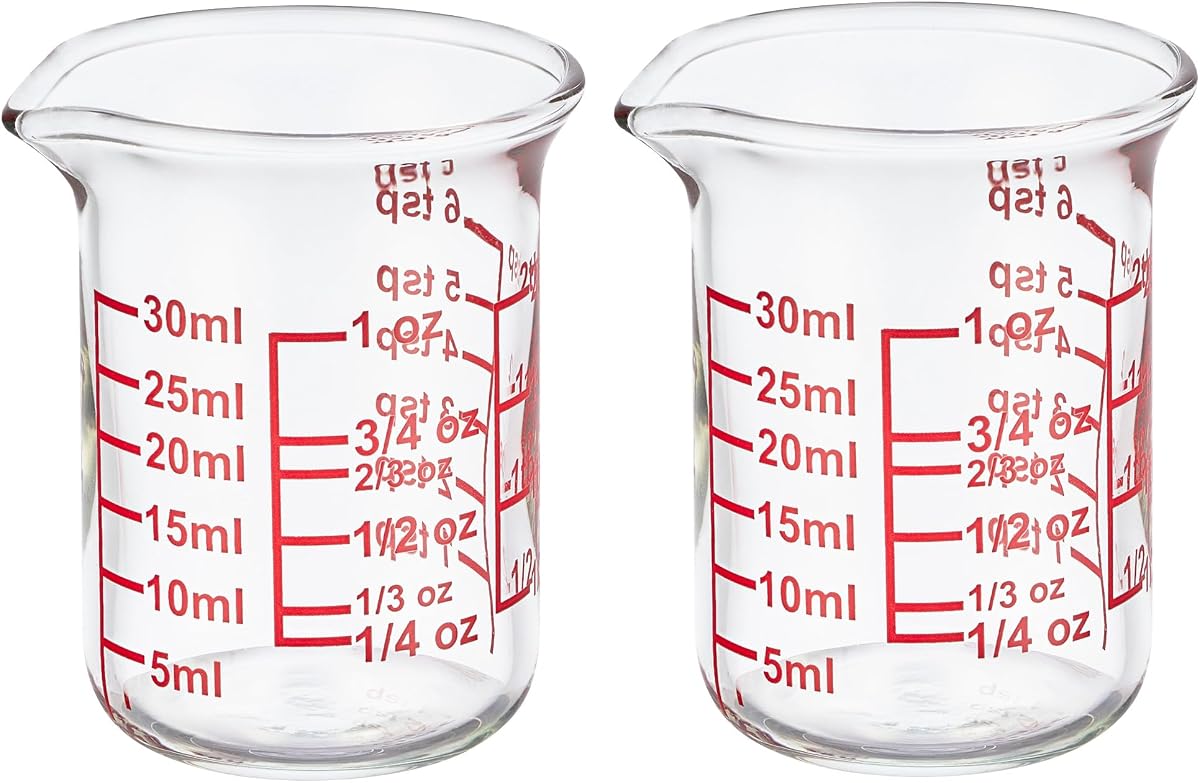 Ackers BORO3.3 Glass Measuring Cups with V-Spouts, 30 ml/1 oz, 2 Pack | Borosilicate glass with printed ml, oz, tbsp and tsp scales for cooking, baking and cocktail preparation