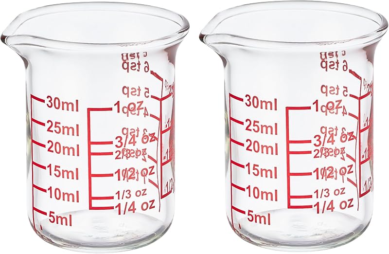 Ackers BORO3.3 Glass Measuring Cups with V-Spouts, 30 ml/1 oz, 2 Pack | Borosilicate glass with printed ml, oz, tbsp and tsp scales for cooking, baking and cocktail preparation