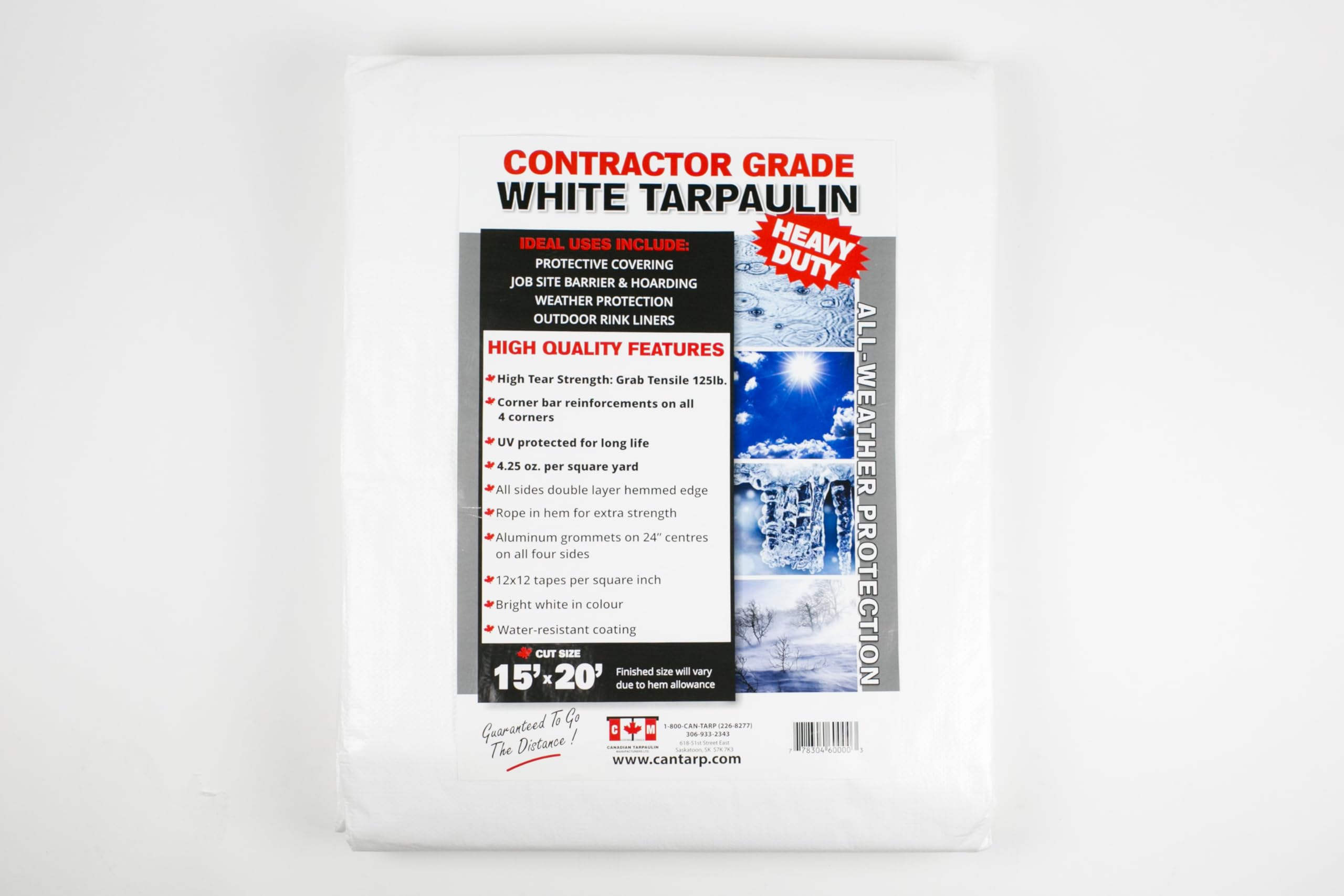 Canadian Tarpaulin 20' X 30' White Contractor Grade Tarp – Heavy-Duty 4.25 Oz/sq Yd, Water-Resistant, UV Additives, 36" Center Eyelets, Corner Reinforcements – Hoarding, Job Site, Rink Liner